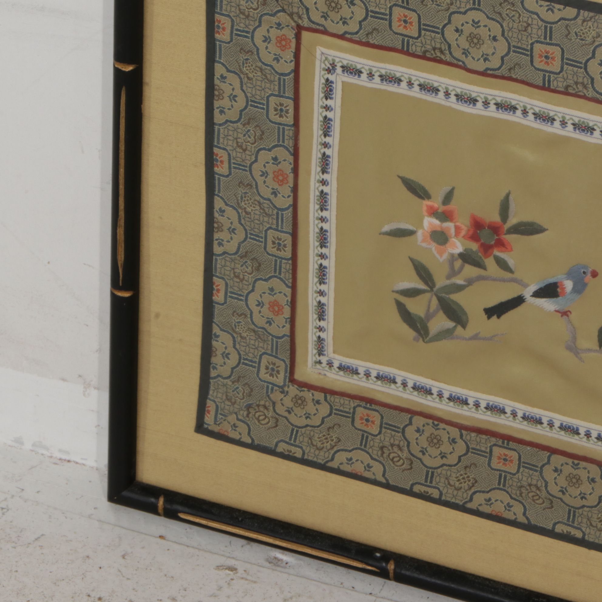 Three Chinese Hand-Embroidered Peonies, Butterflies, and Birds on Silk Panels