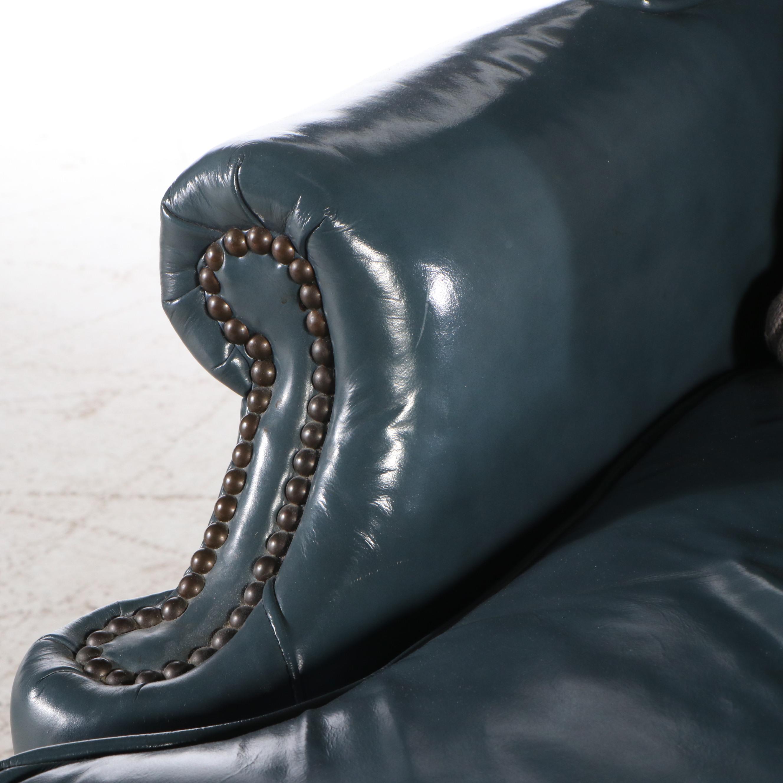 Emerson's Leather Queen Anne Style Teal Leather Upholstered Armchair & Ottoman