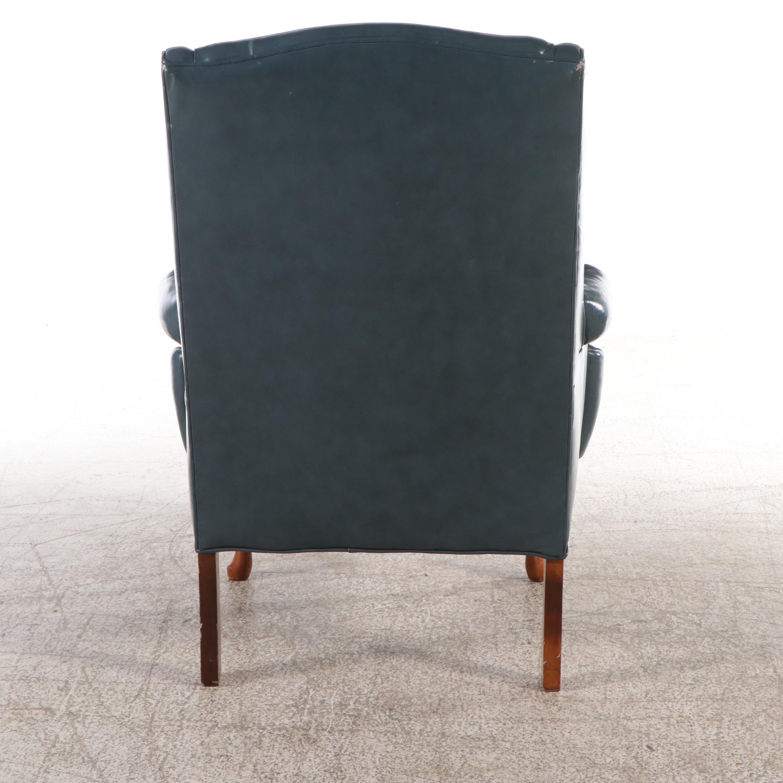 Emerson's Leather Queen Anne Style Teal Leather Upholstered Armchair & Ottoman