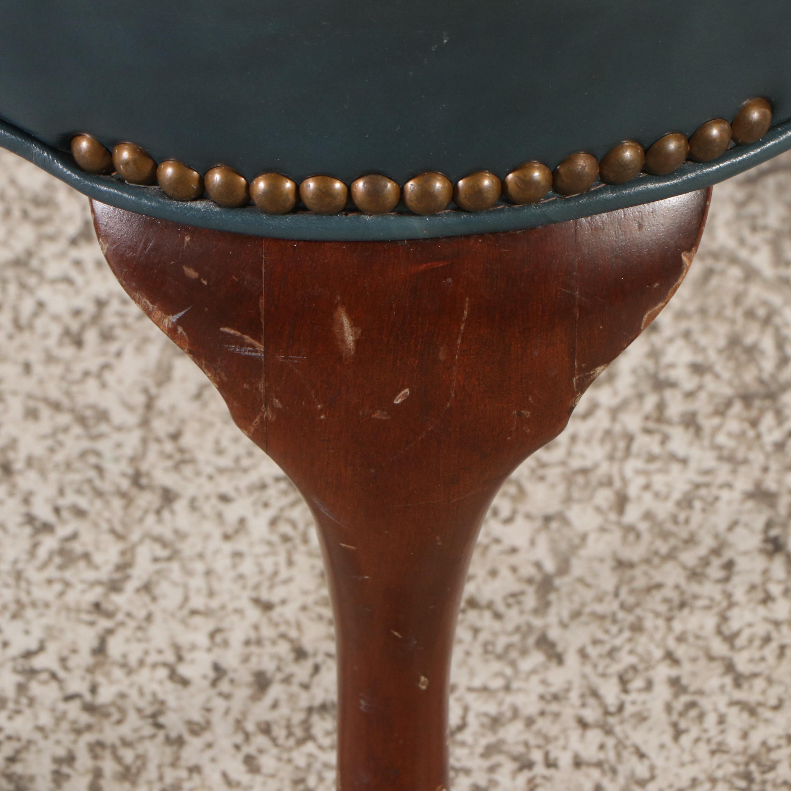 Emerson's Leather Queen Anne Style Teal Leather Upholstered Armchair & Ottoman