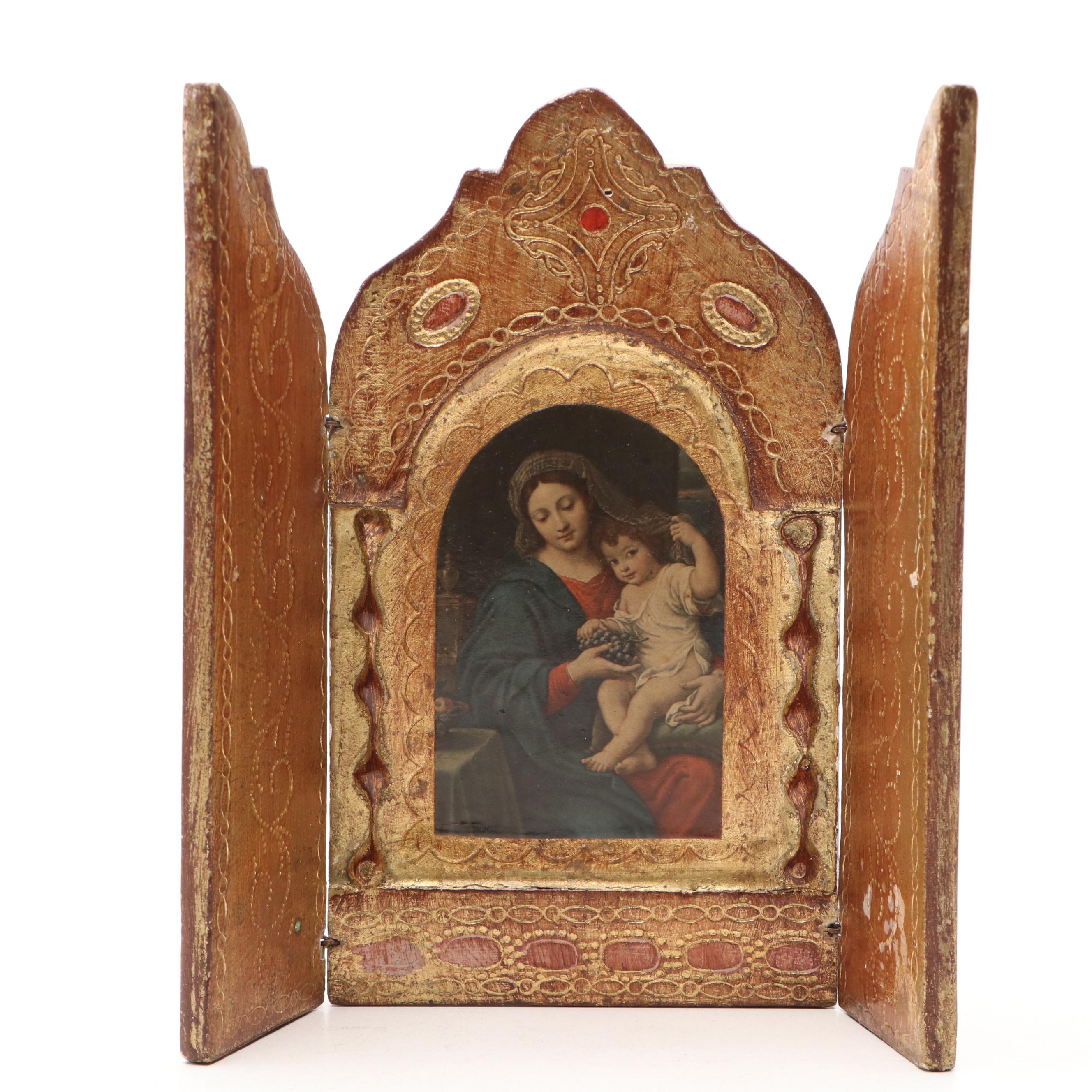 Florentine Madonna and Child Icon with Spanish Style Santos Monk