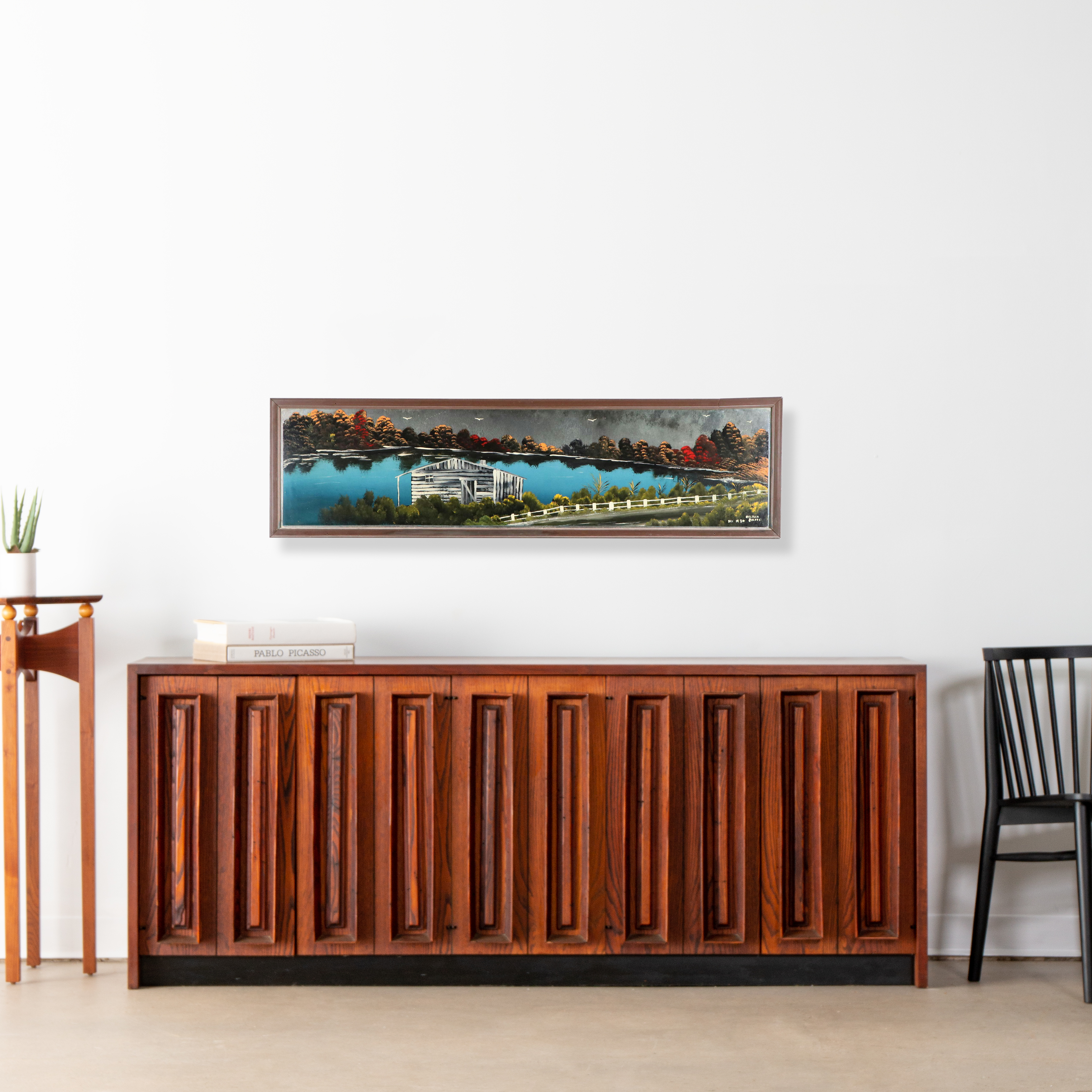 Nocturne Lake Landscape Enamel Painting on Mirrored Glass, 1980