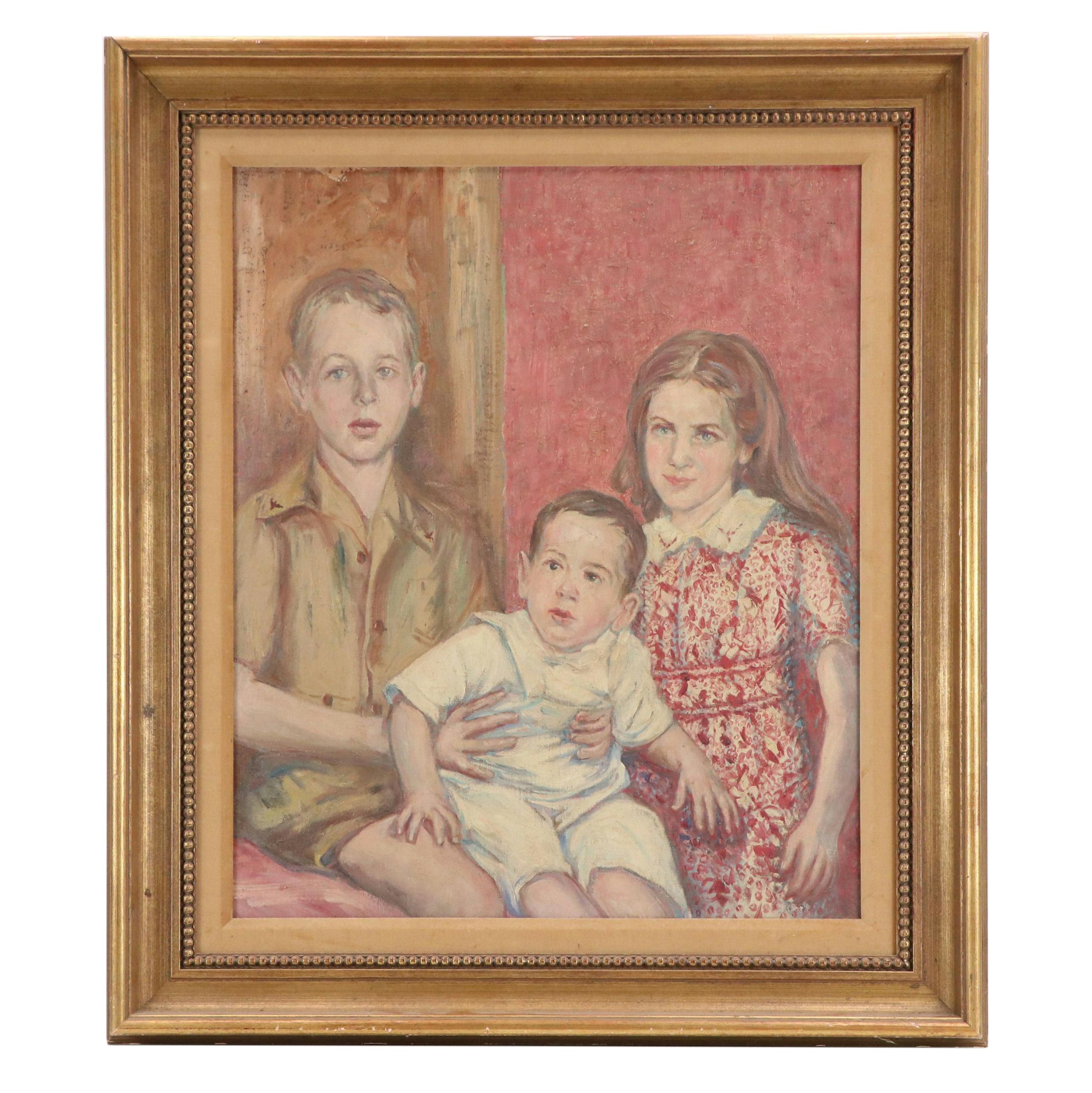 Family Portrait Oil Painting, Circa 1950