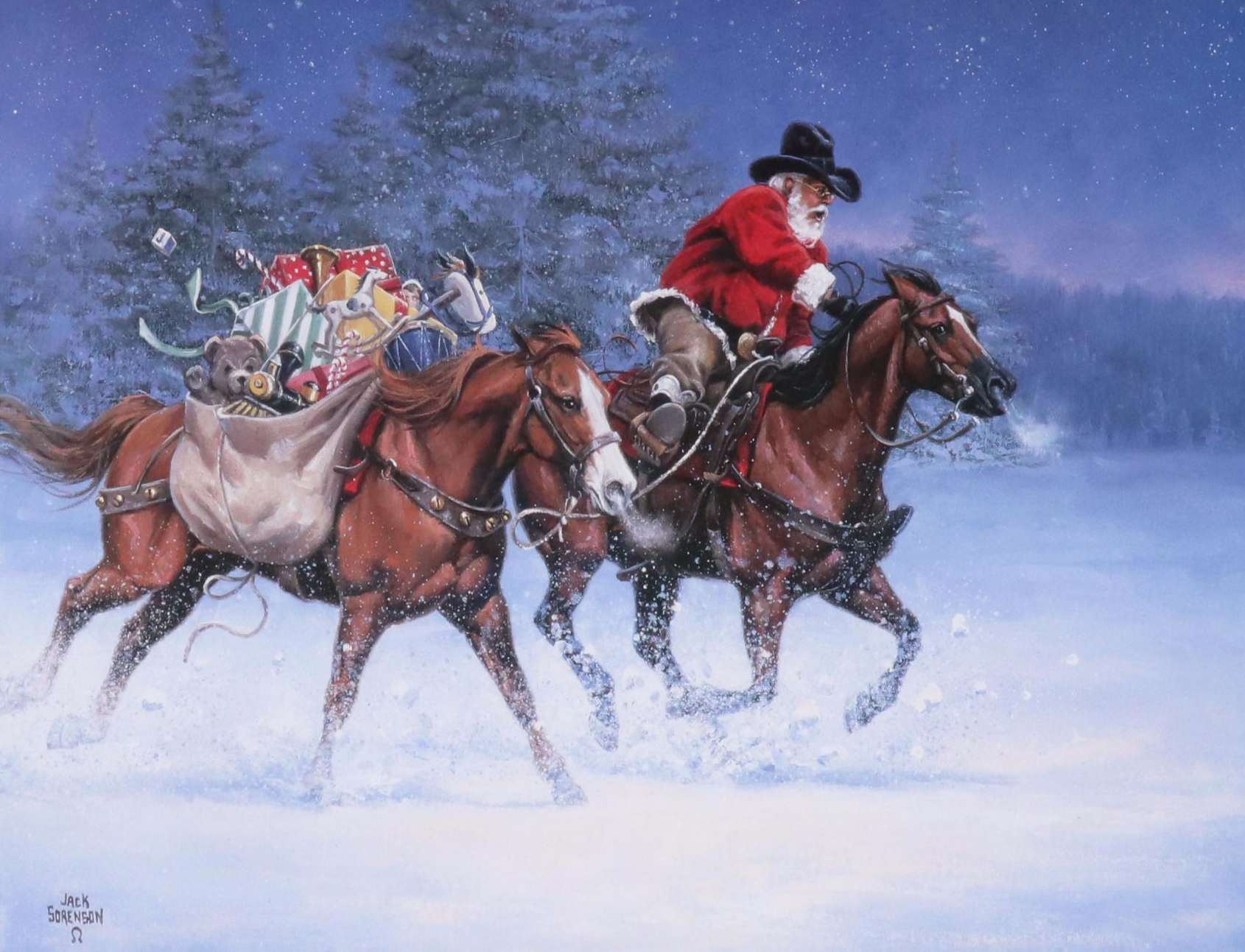 Western Santa Offset Lithograph "Christmas Rush" After Jack Sorenson