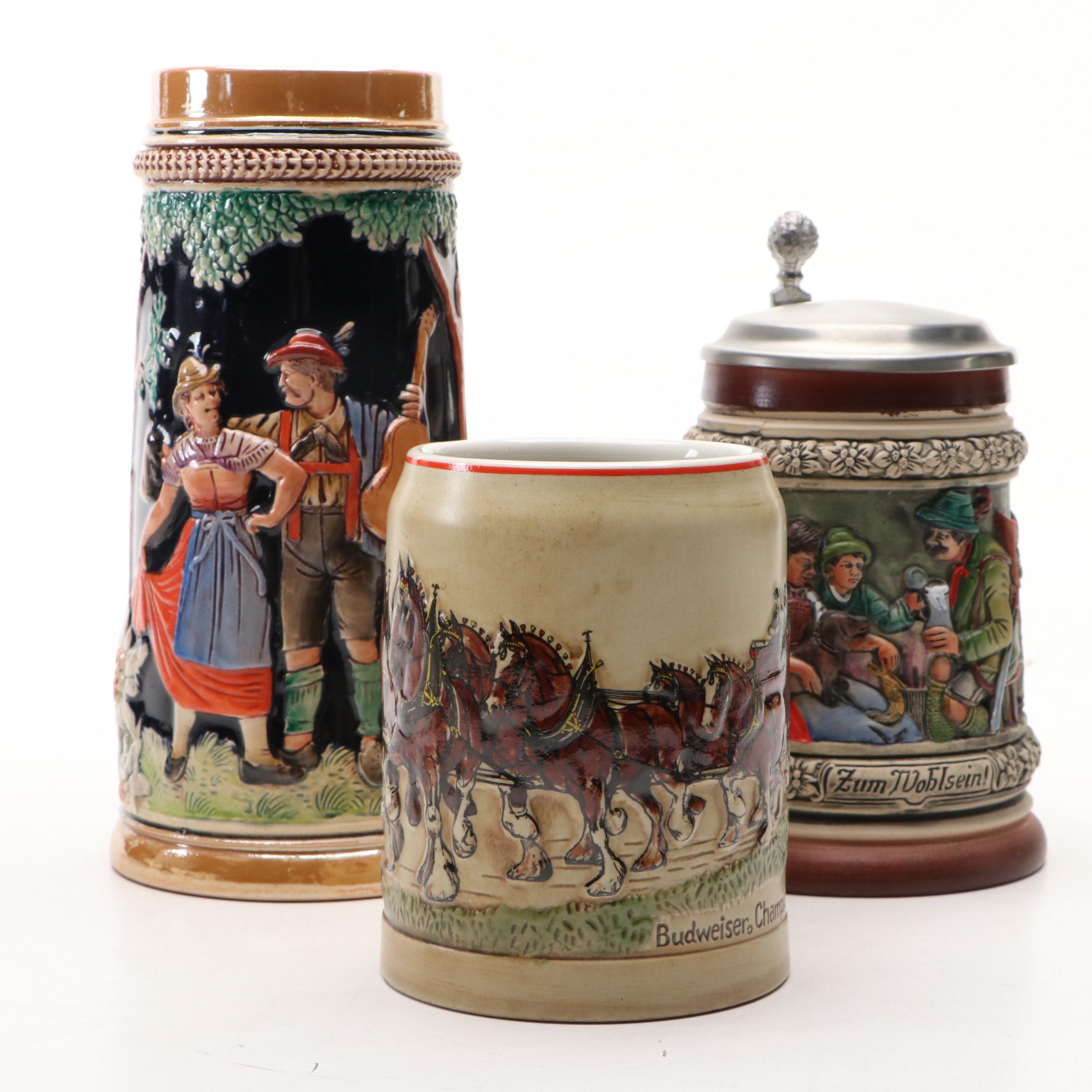 German Beer Steins with Budweiser Clydesdale Ceramic Stein, 20th Century