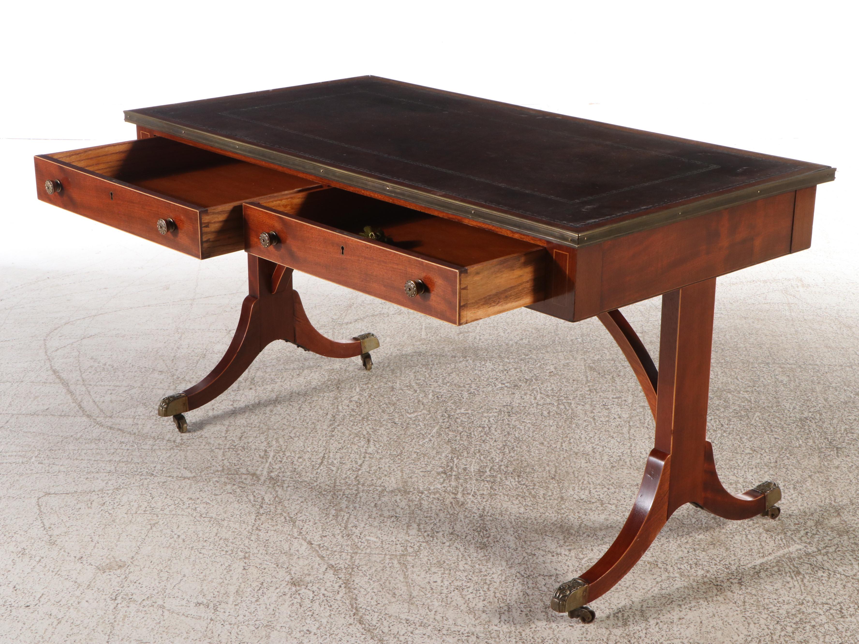 Regency Style Mahogany Writing Table with Leather Top, Mid-20th Century