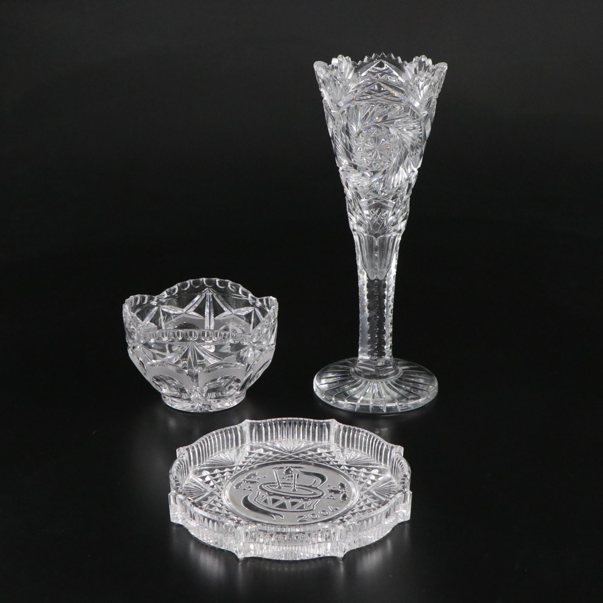 American Brilliant Style Cut Glass Trumpet Vase with Other Bowl and Plate