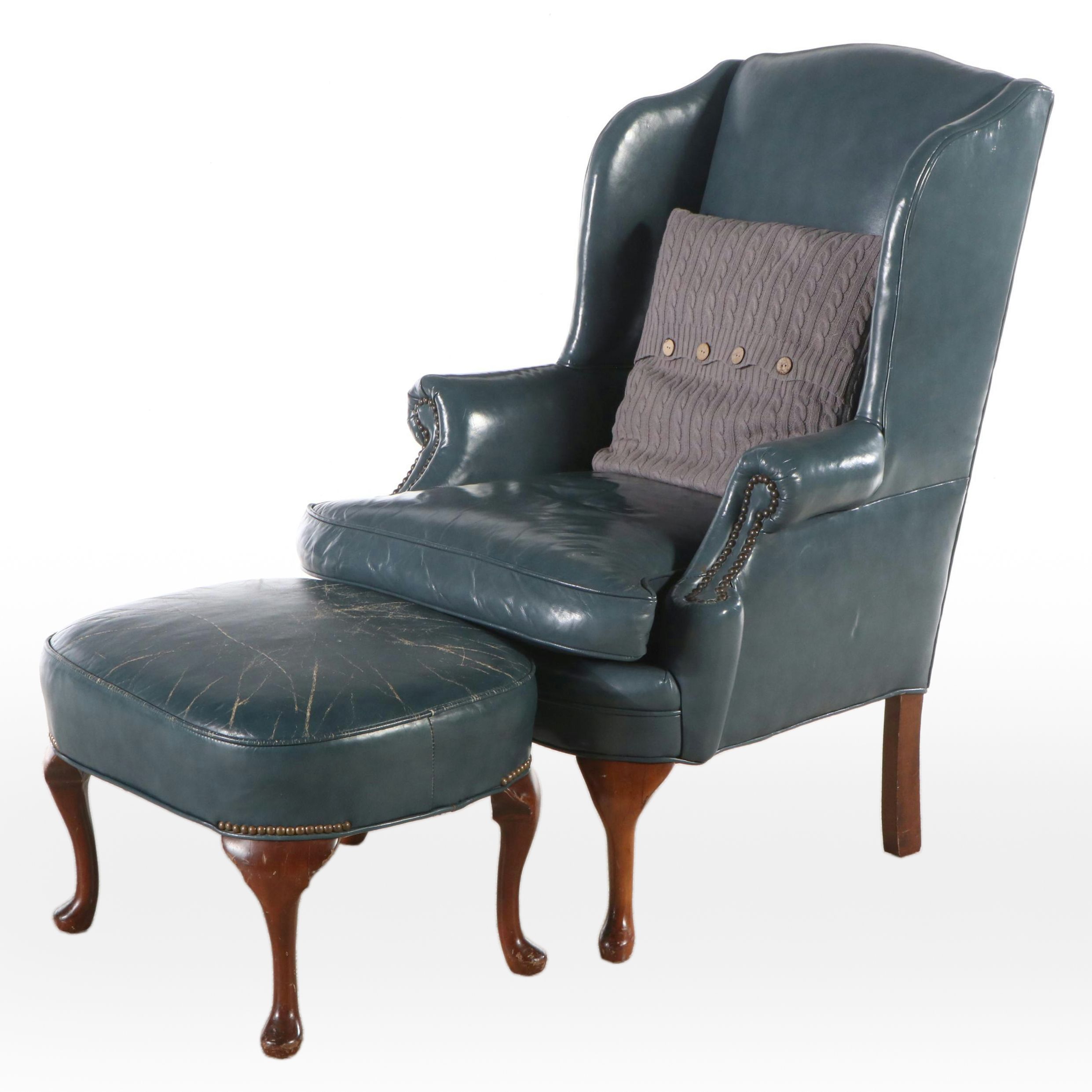 Emerson's Leather Queen Anne Style Teal Leather Upholstered Armchair & Ottoman