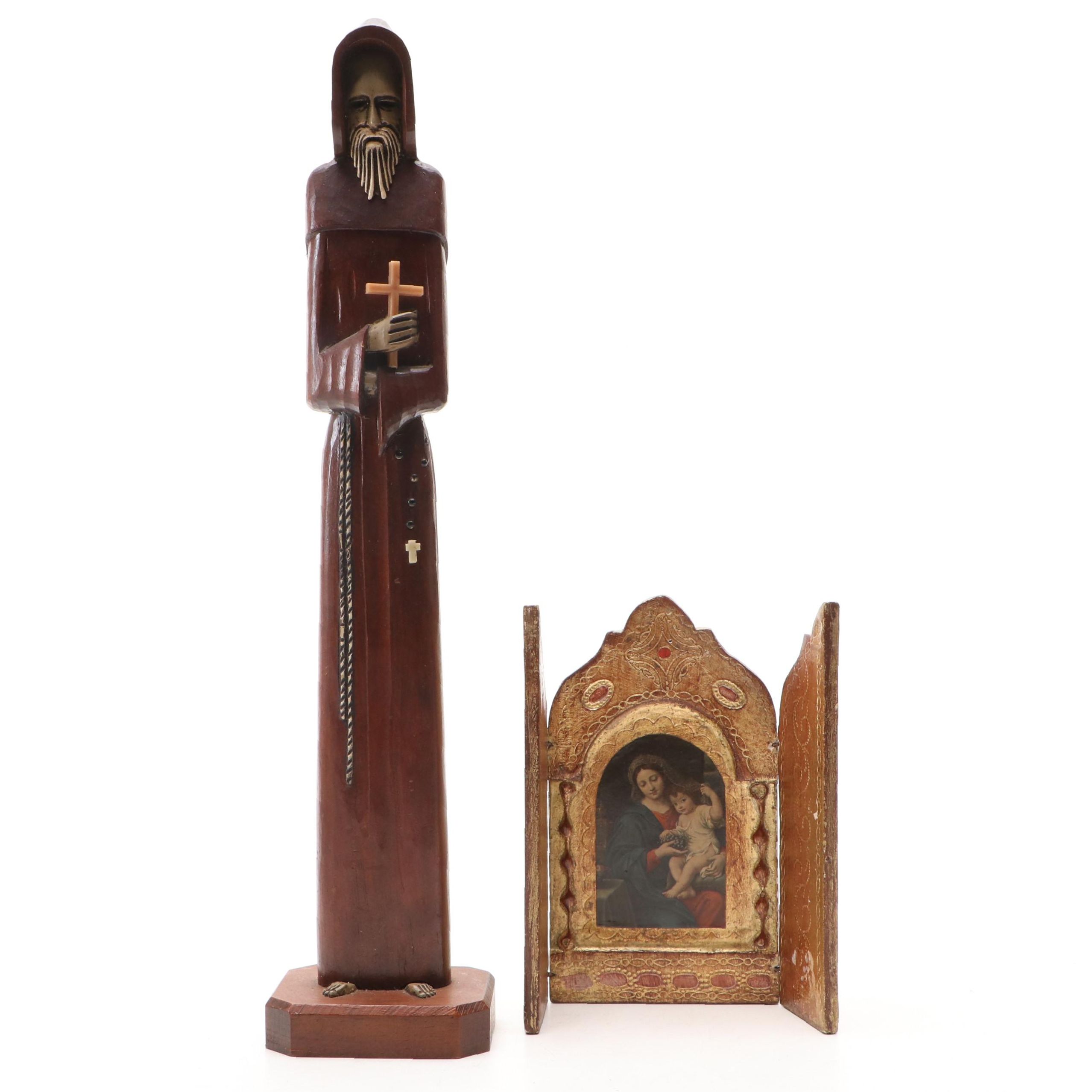 Florentine Madonna and Child Icon with Spanish Style Santos Monk