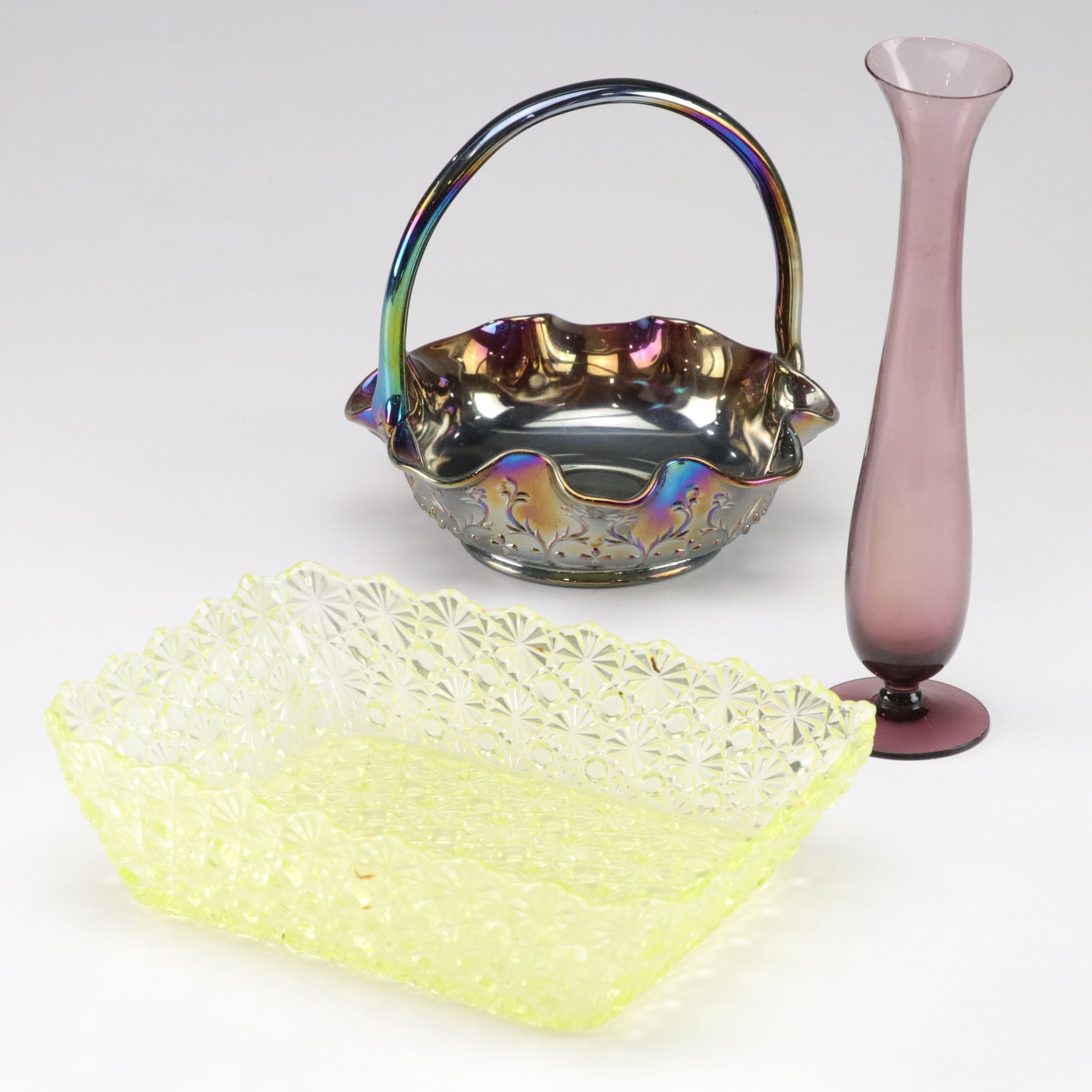Uranium Glass Dish with Carnival Glass Flower Basket & More