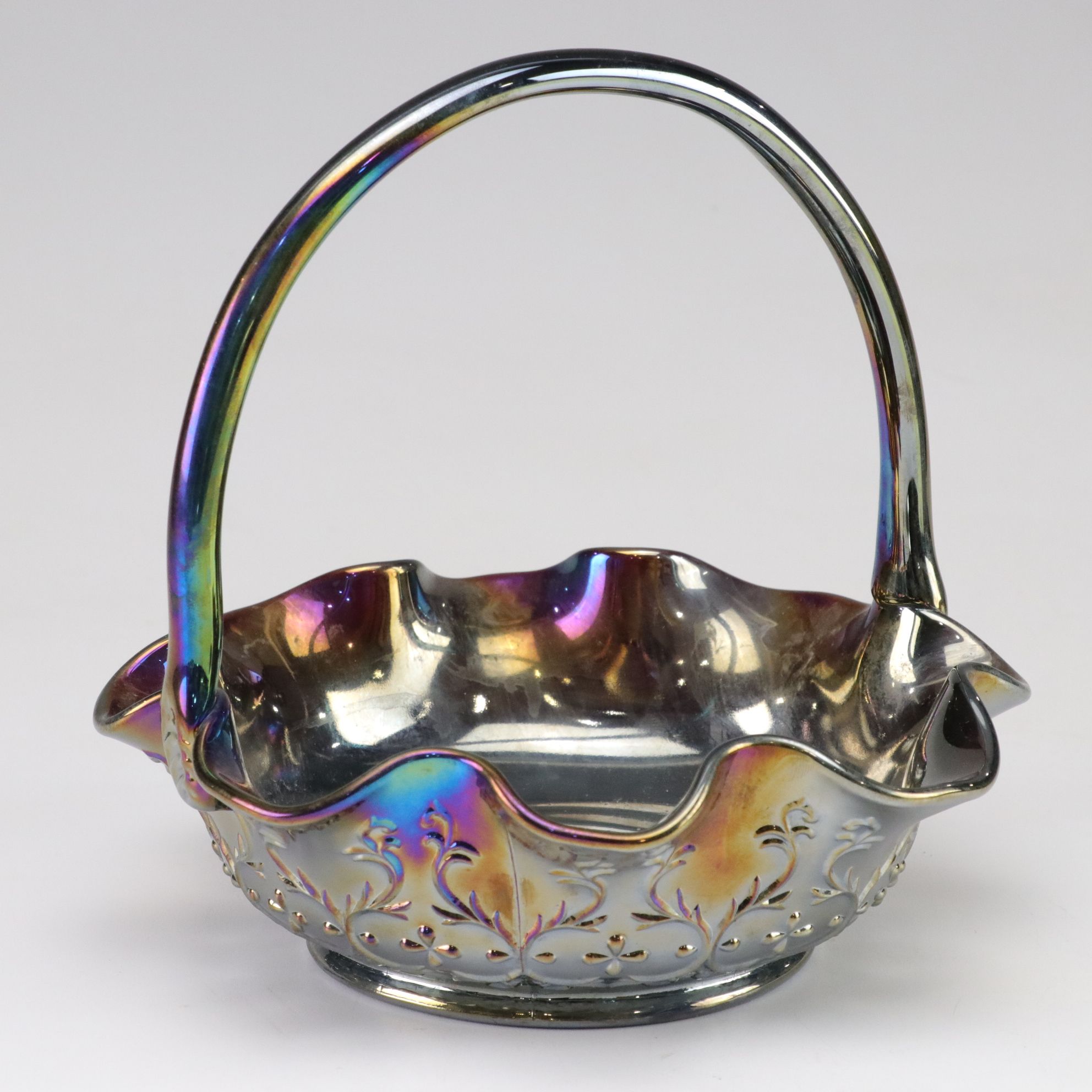 Uranium Glass Dish with Carnival Glass Flower Basket & More