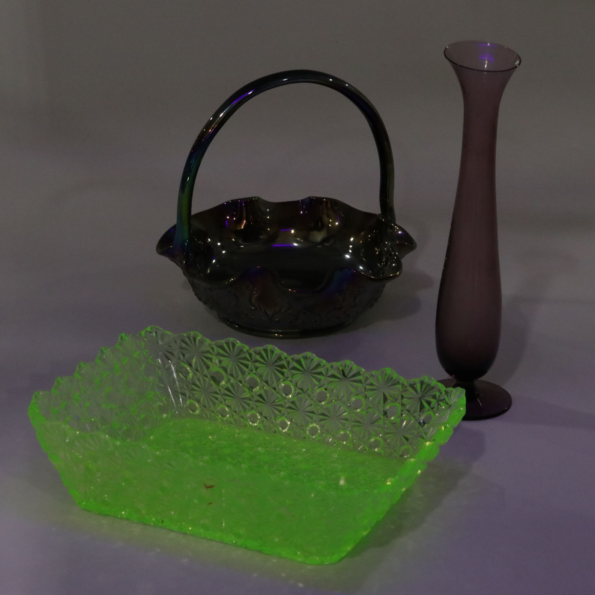 Uranium Glass Dish with Carnival Glass Flower Basket & More