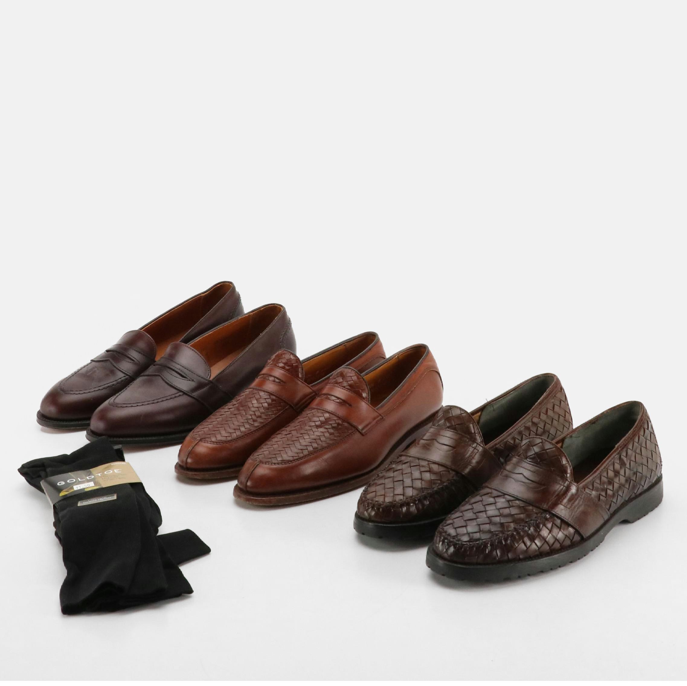 Men's Cole Haan, Allen Edmunds and Alden Brown Leather Loafers, Gold Toe Socks