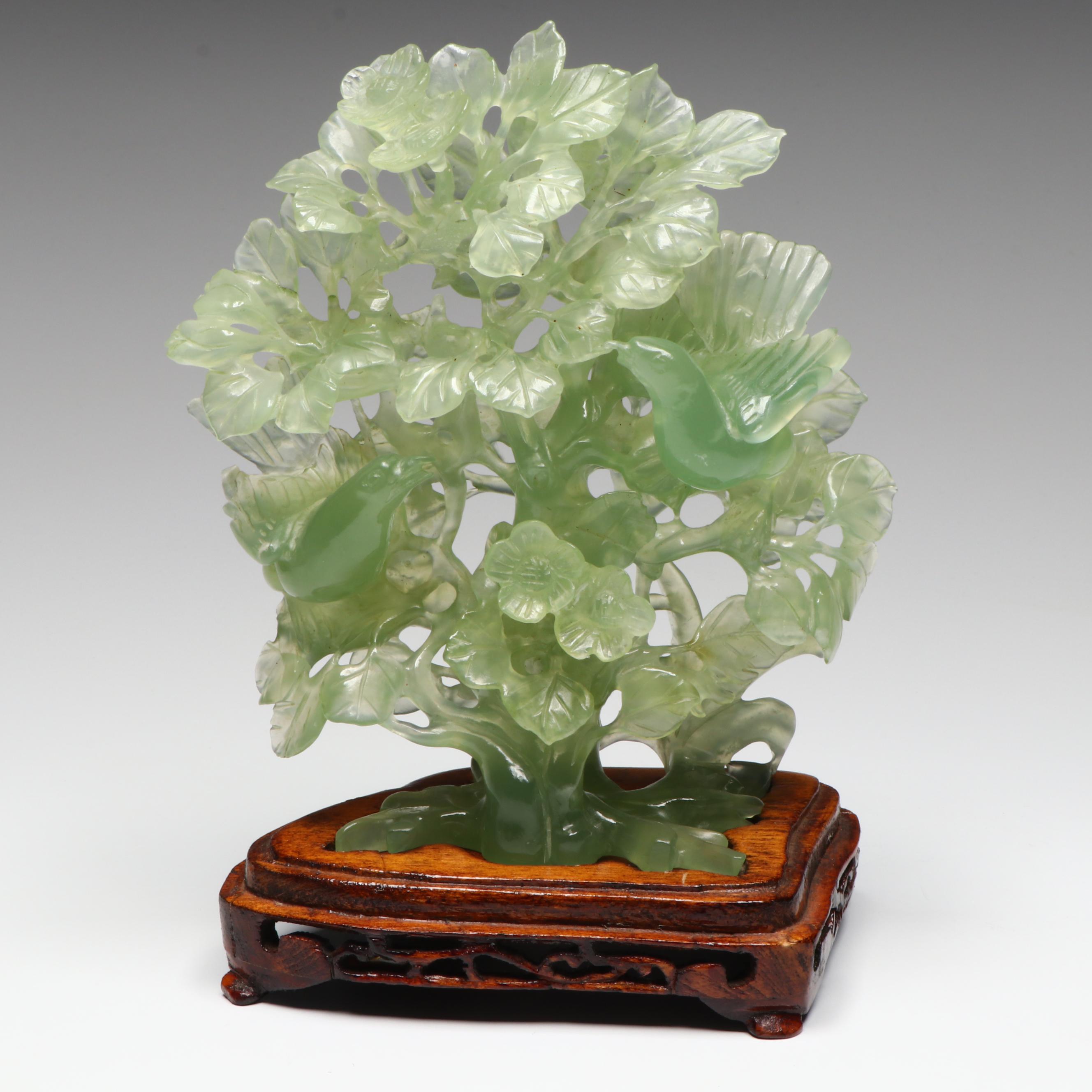 Chinese Carved Serpentine Tree with Birds and Blossoms