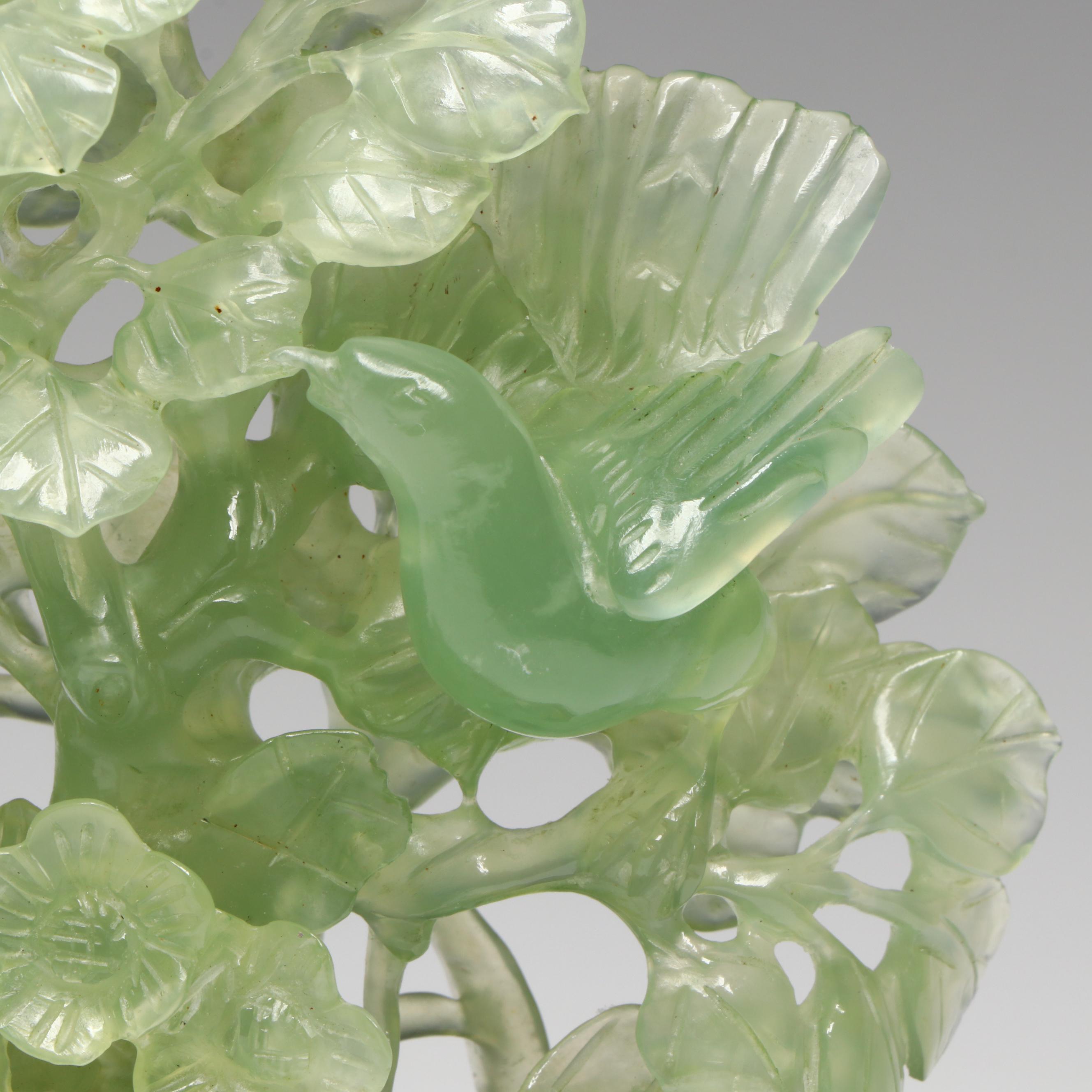 Chinese Carved Serpentine Tree with Birds and Blossoms