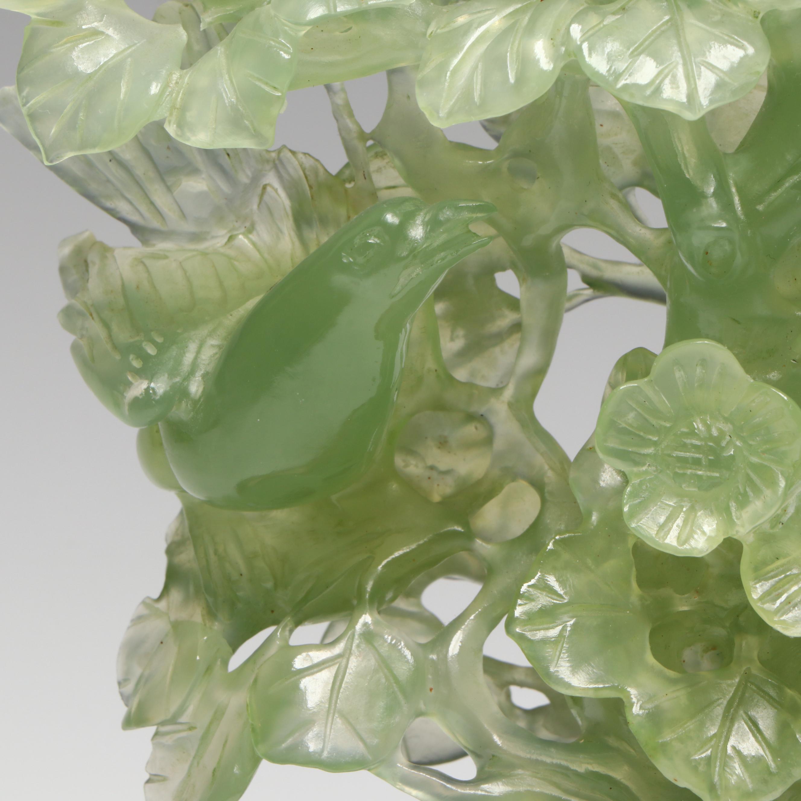 Chinese Carved Serpentine Tree with Birds and Blossoms