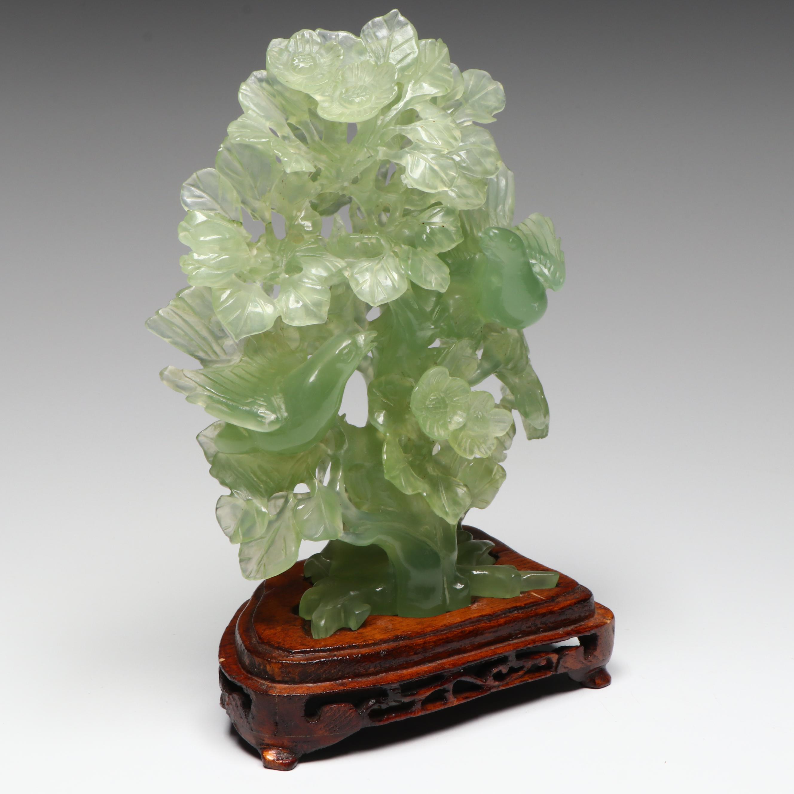 Chinese Carved Serpentine Tree with Birds and Blossoms