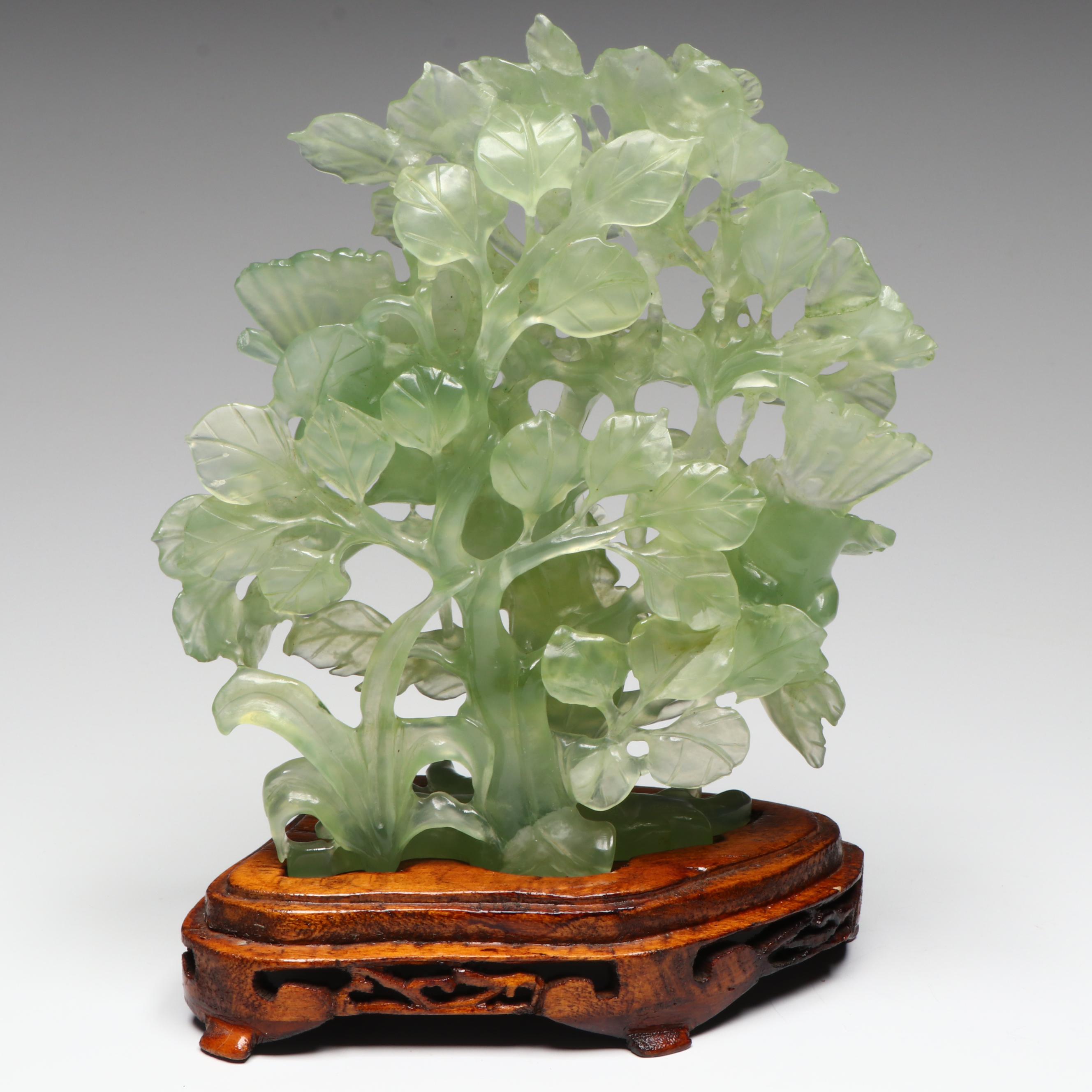 Chinese Carved Serpentine Tree with Birds and Blossoms