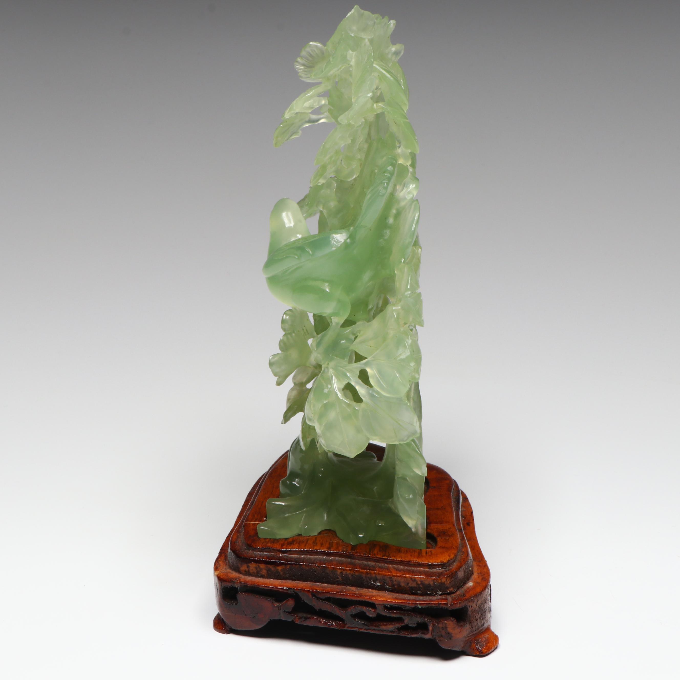 Chinese Carved Serpentine Tree with Birds and Blossoms