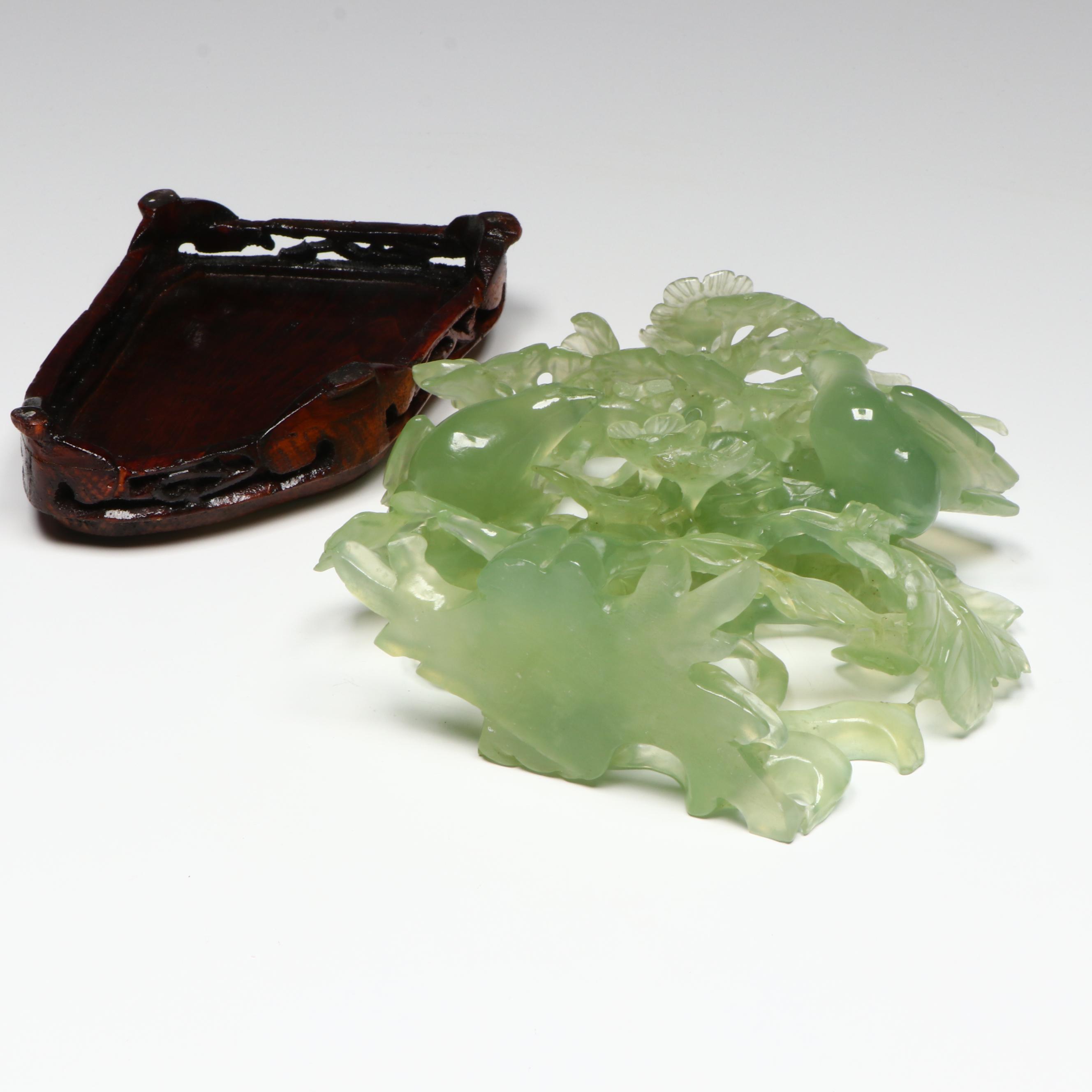 Chinese Carved Serpentine Tree with Birds and Blossoms