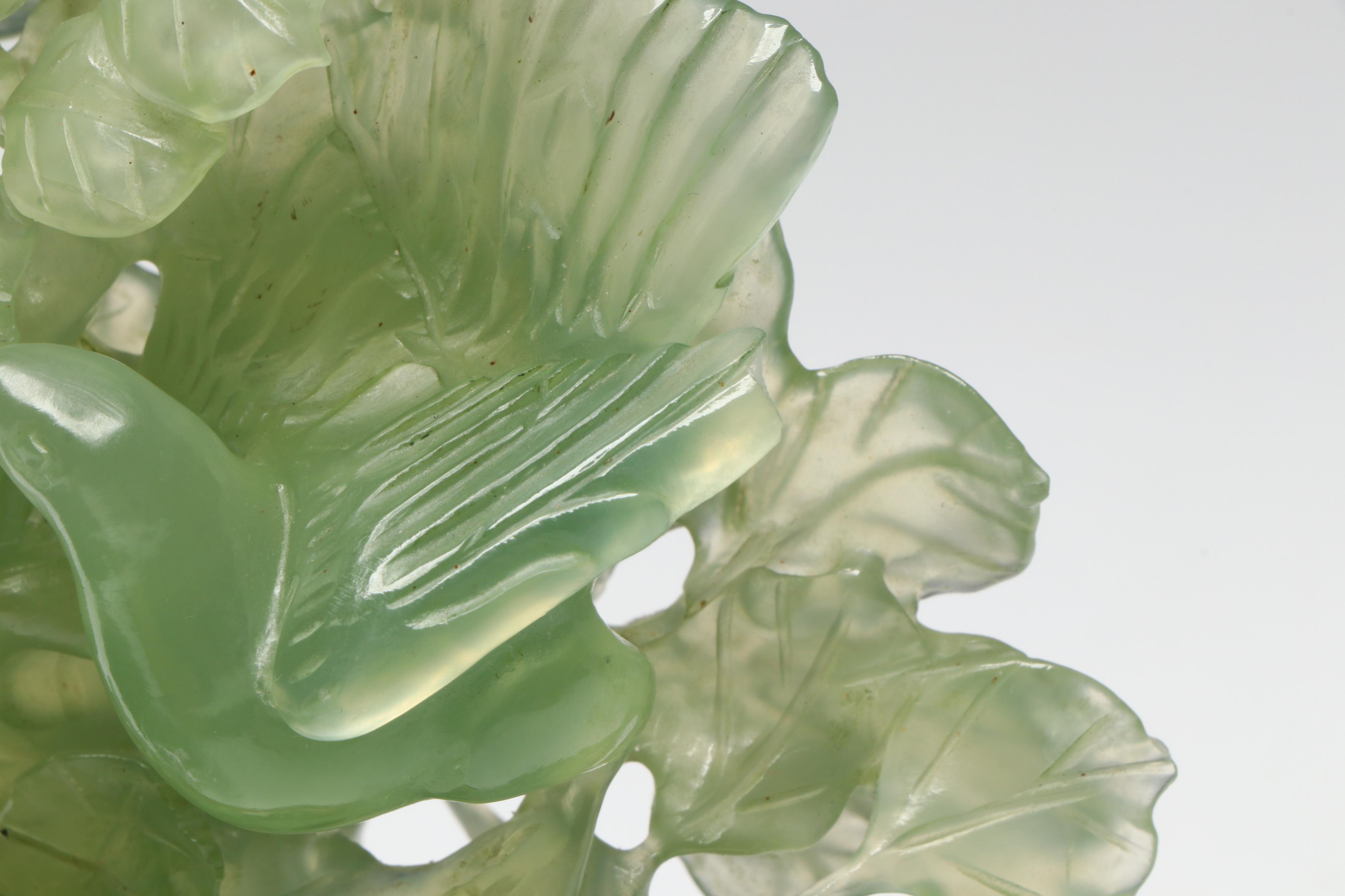 Chinese Carved Serpentine Tree with Birds and Blossoms