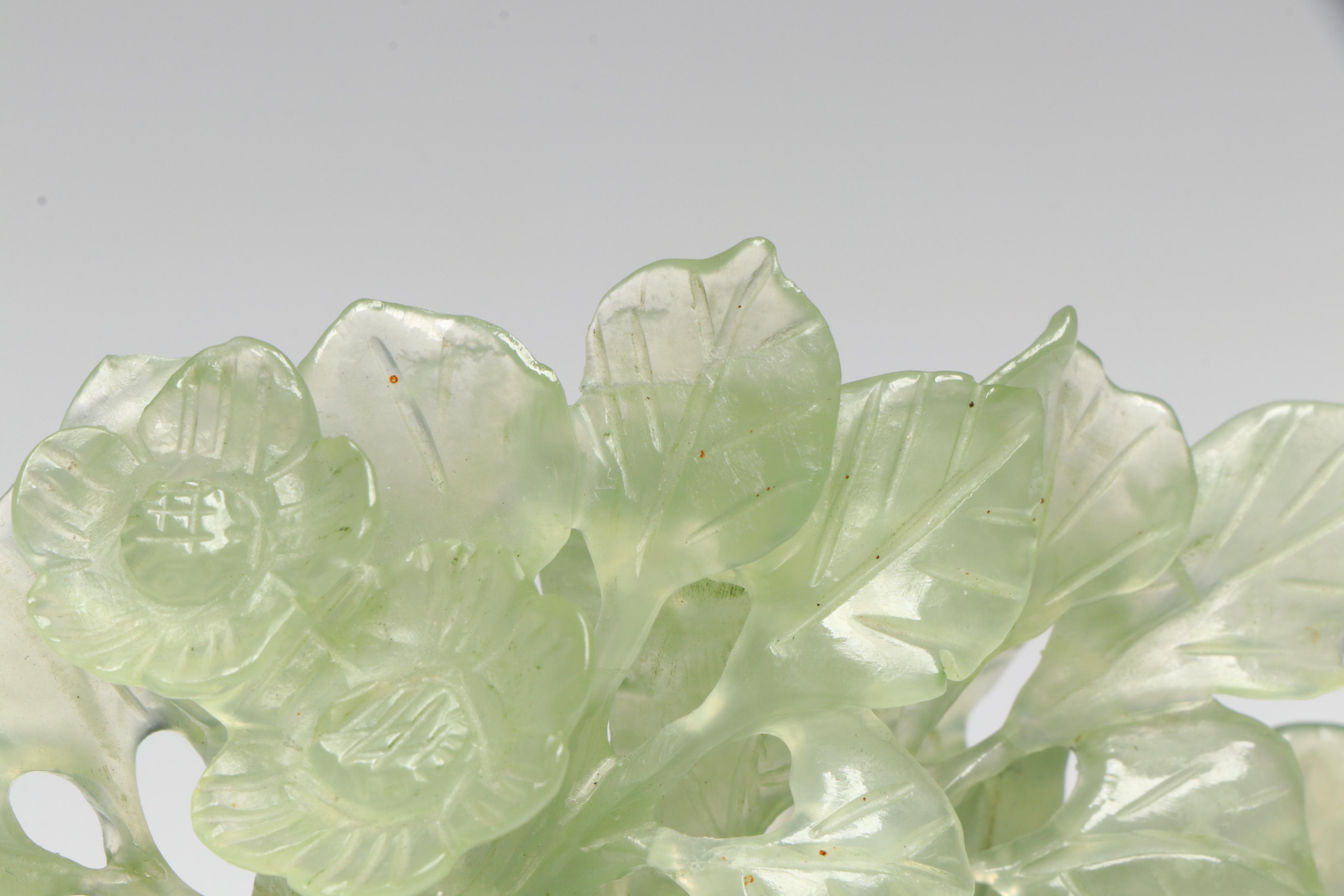 Chinese Carved Serpentine Tree with Birds and Blossoms