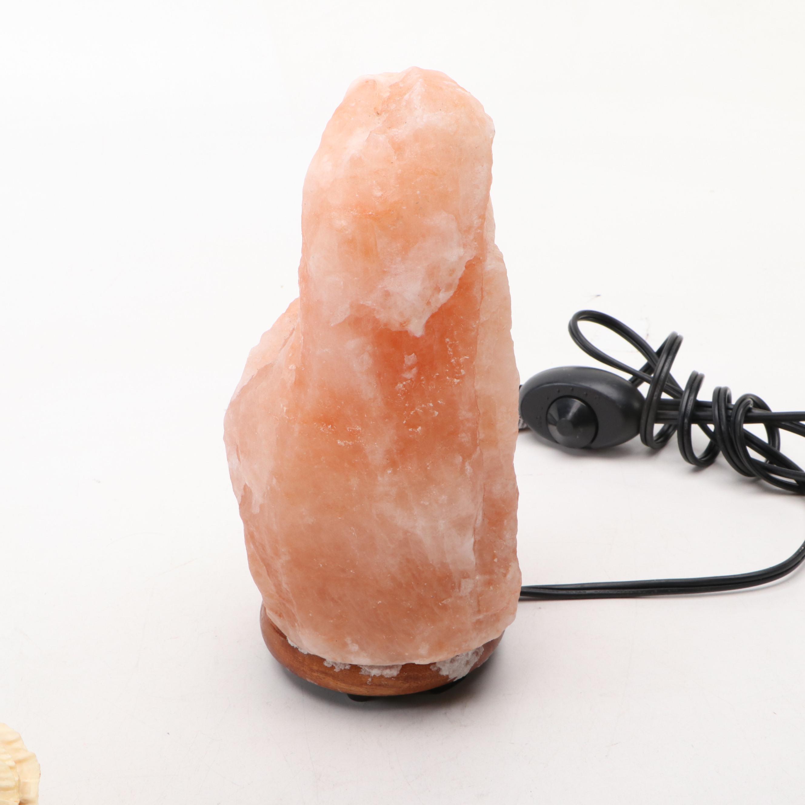 Pink Himalayan Salt Table Lamp with Natural Scallop Shells