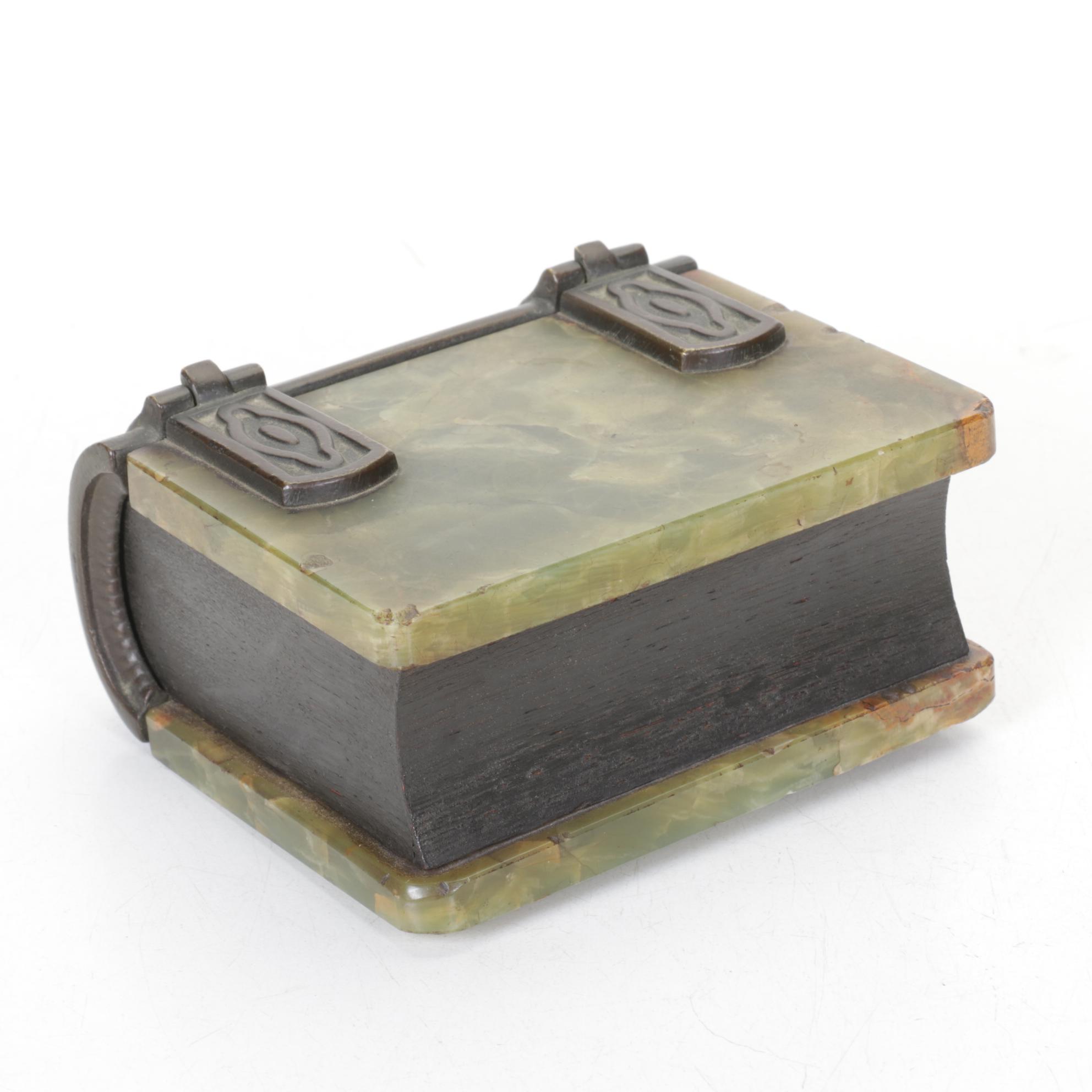 Banded Calcite and Cast Iron Book-Shaped Keepsake Box
