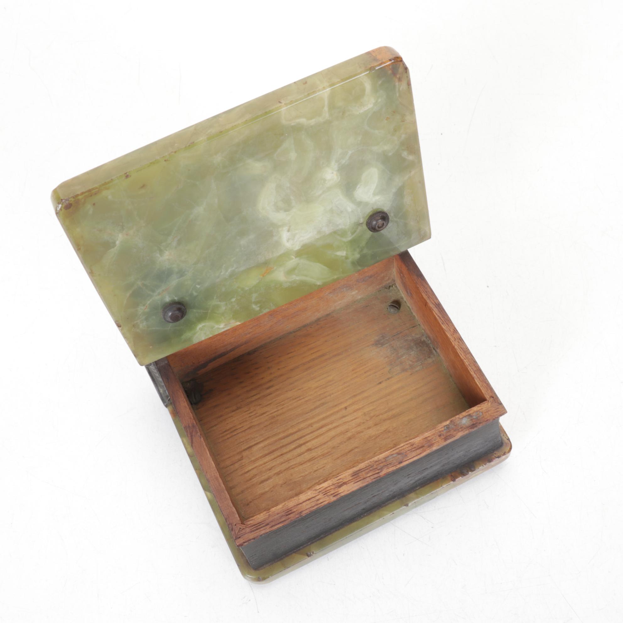Banded Calcite and Cast Iron Book-Shaped Keepsake Box