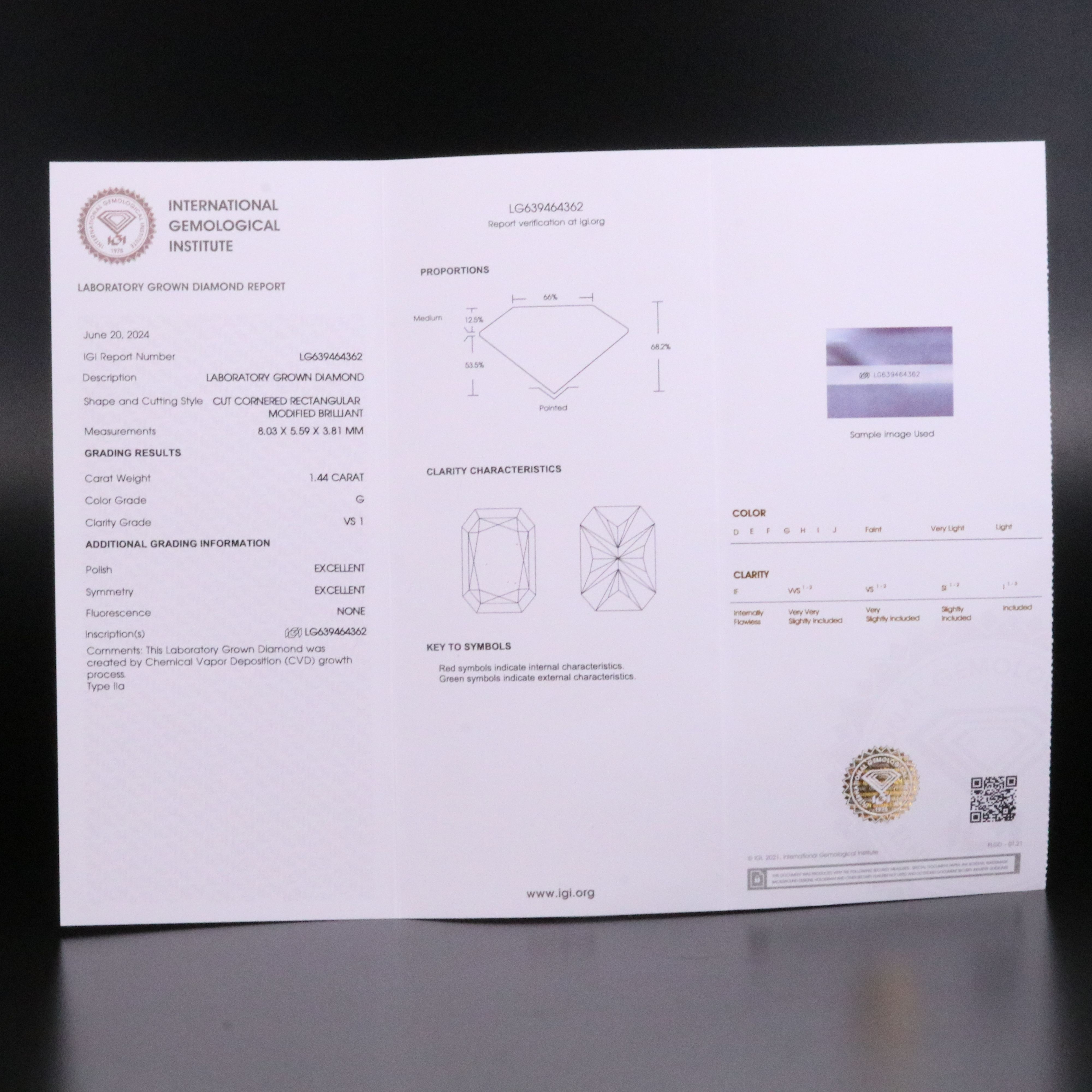 Loose 1.44 CT Lab Grown Diamond with IGI Report