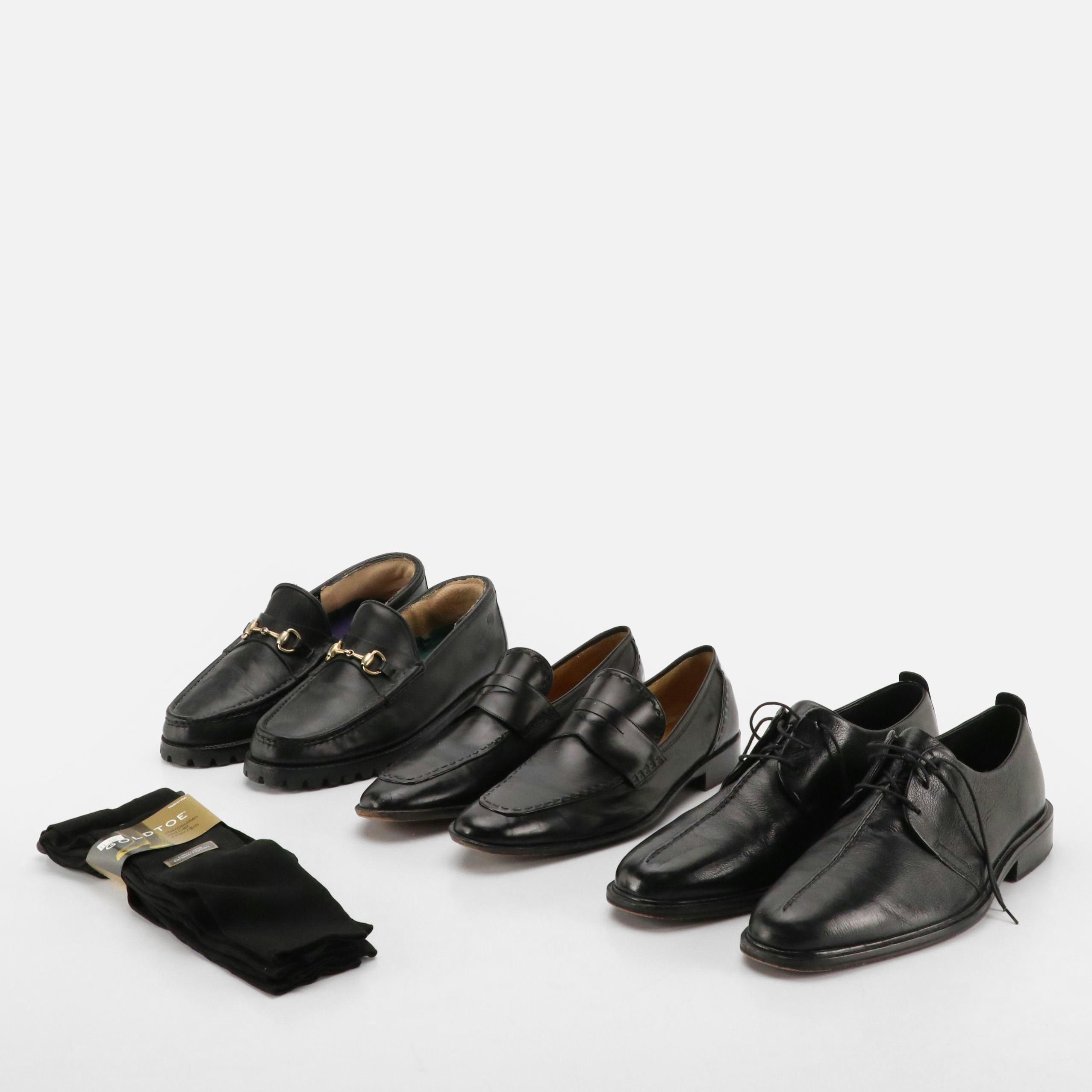 Cole Haan, H.H. Brown Black Leather Loafers and Dress Shoes with Gold Toe Socks
