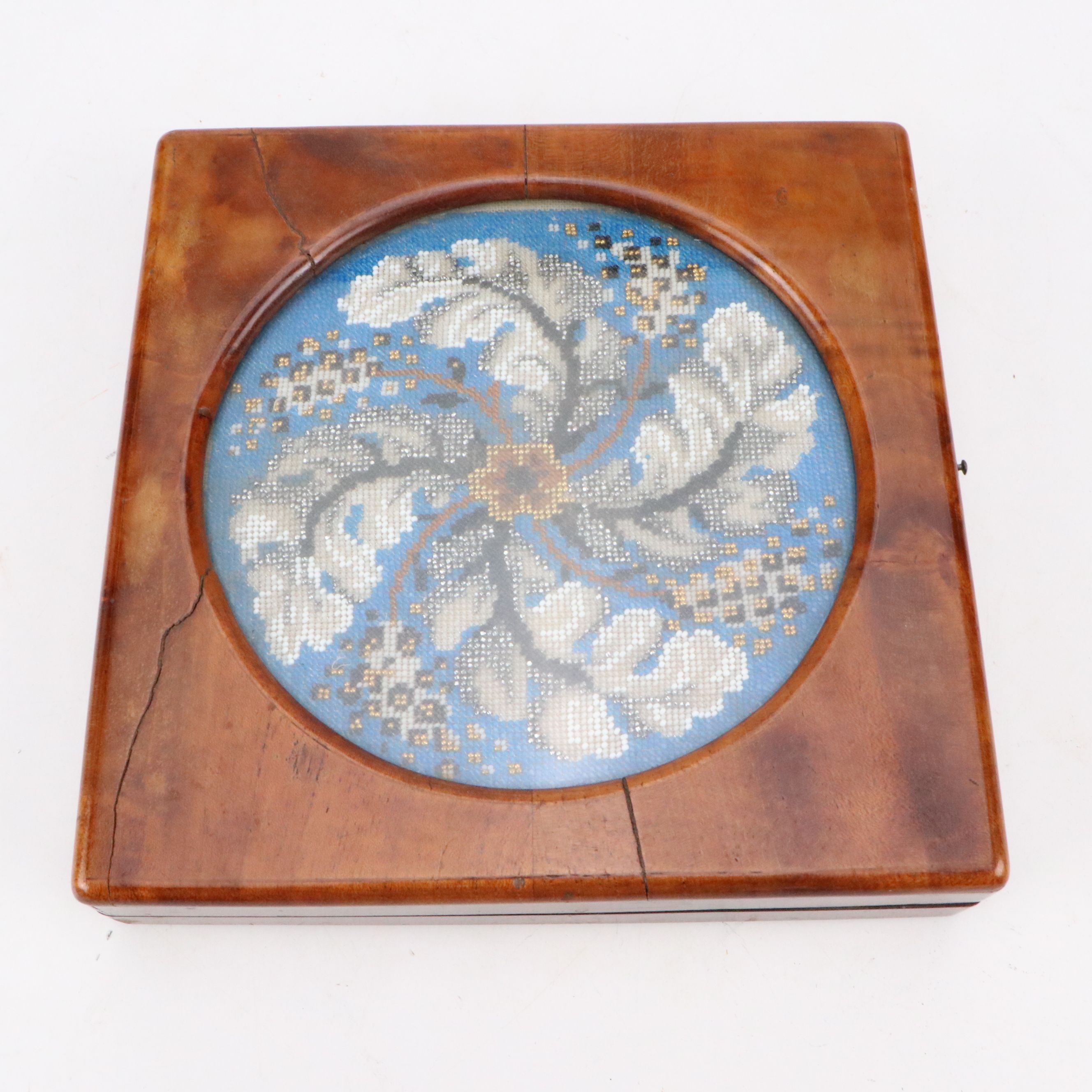 Walnut and Glass Beaded Game Box with Celluloid Tokens and Magnifying Glass