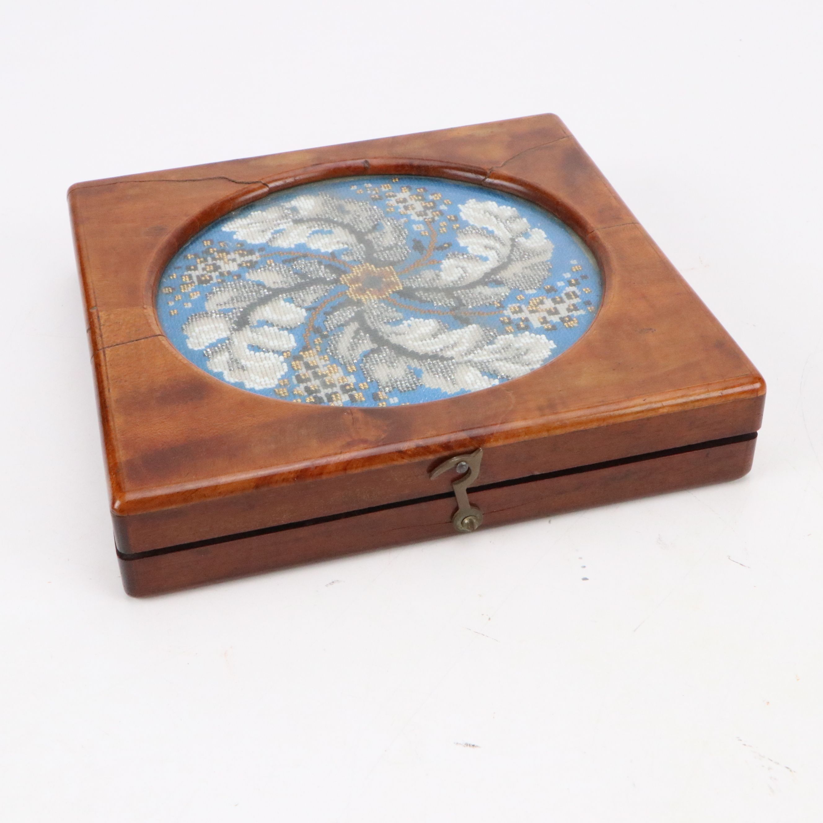 Walnut and Glass Beaded Game Box with Celluloid Tokens and Magnifying Glass