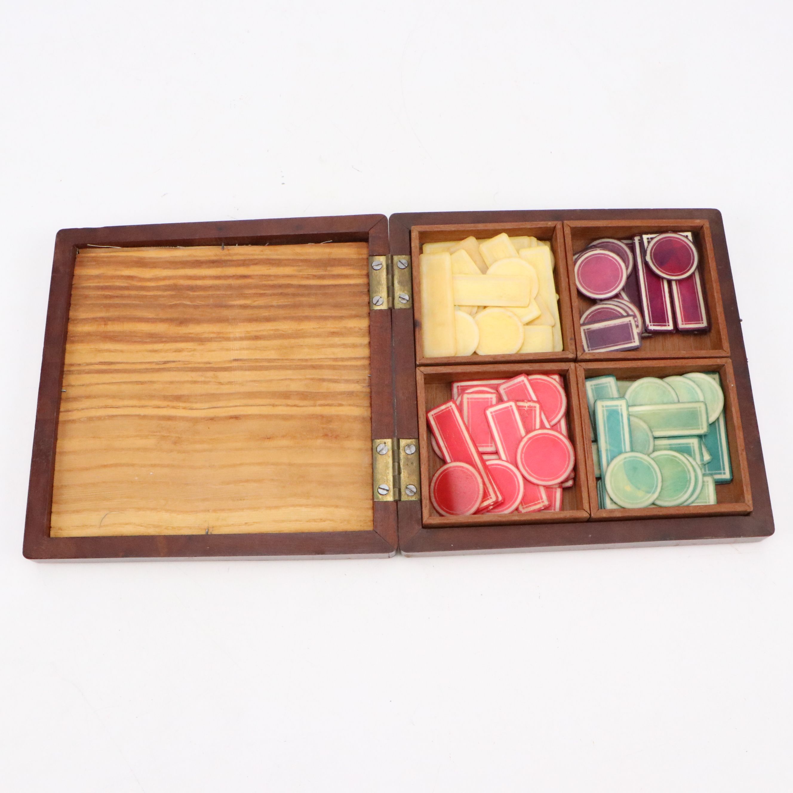 Walnut and Glass Beaded Game Box with Celluloid Tokens and Magnifying Glass