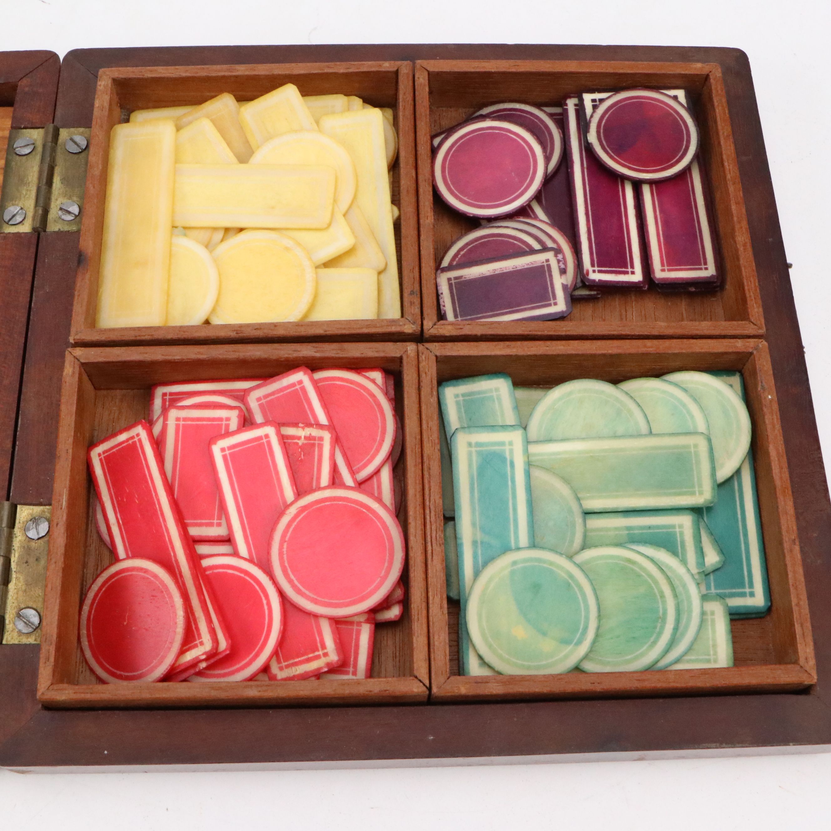 Walnut and Glass Beaded Game Box with Celluloid Tokens and Magnifying Glass