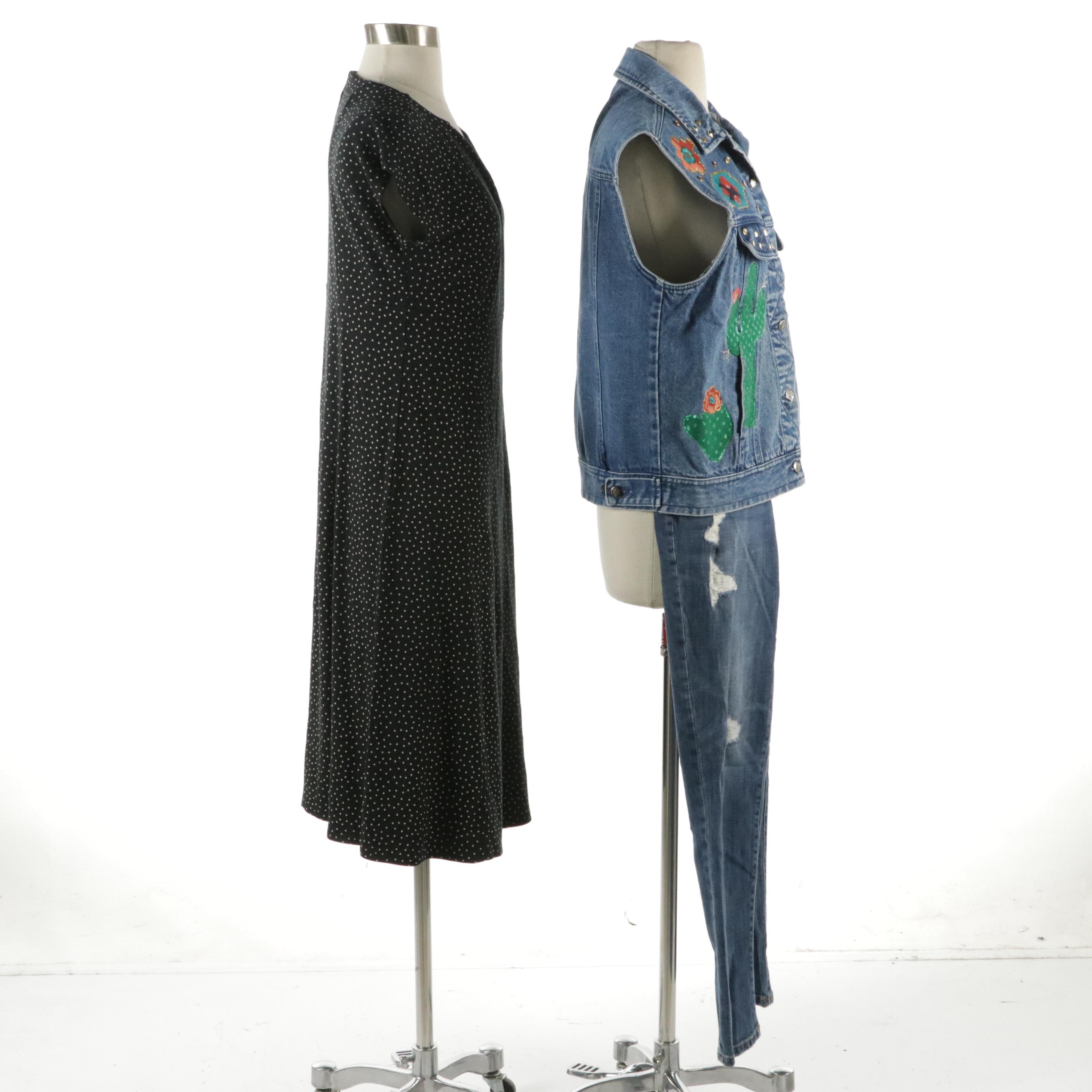 J. Jill Polka Dot Flare Dress, Chico's Distressed Skinny Jeans, Other Denim Vest