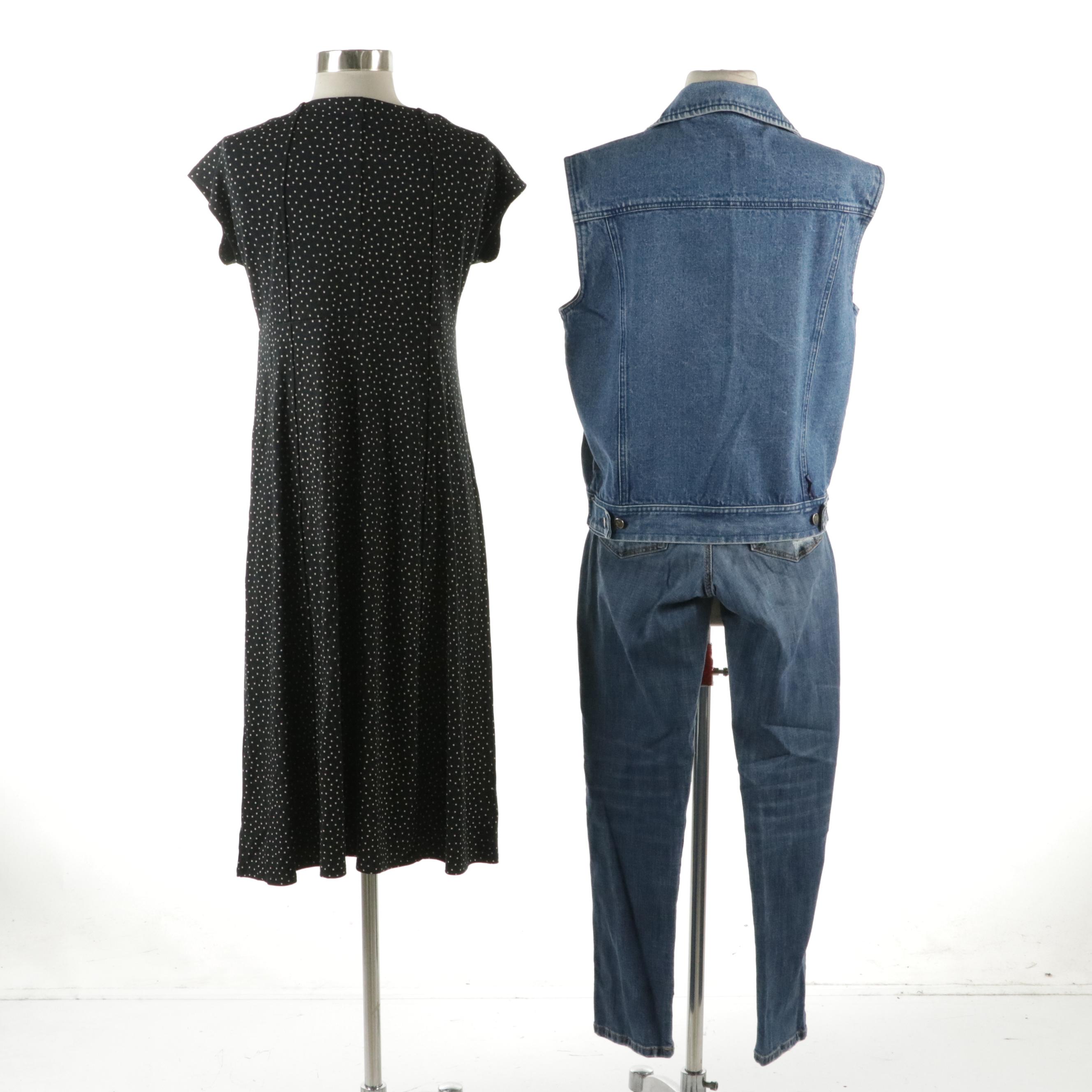 J. Jill Polka Dot Flare Dress, Chico's Distressed Skinny Jeans, Other Denim Vest