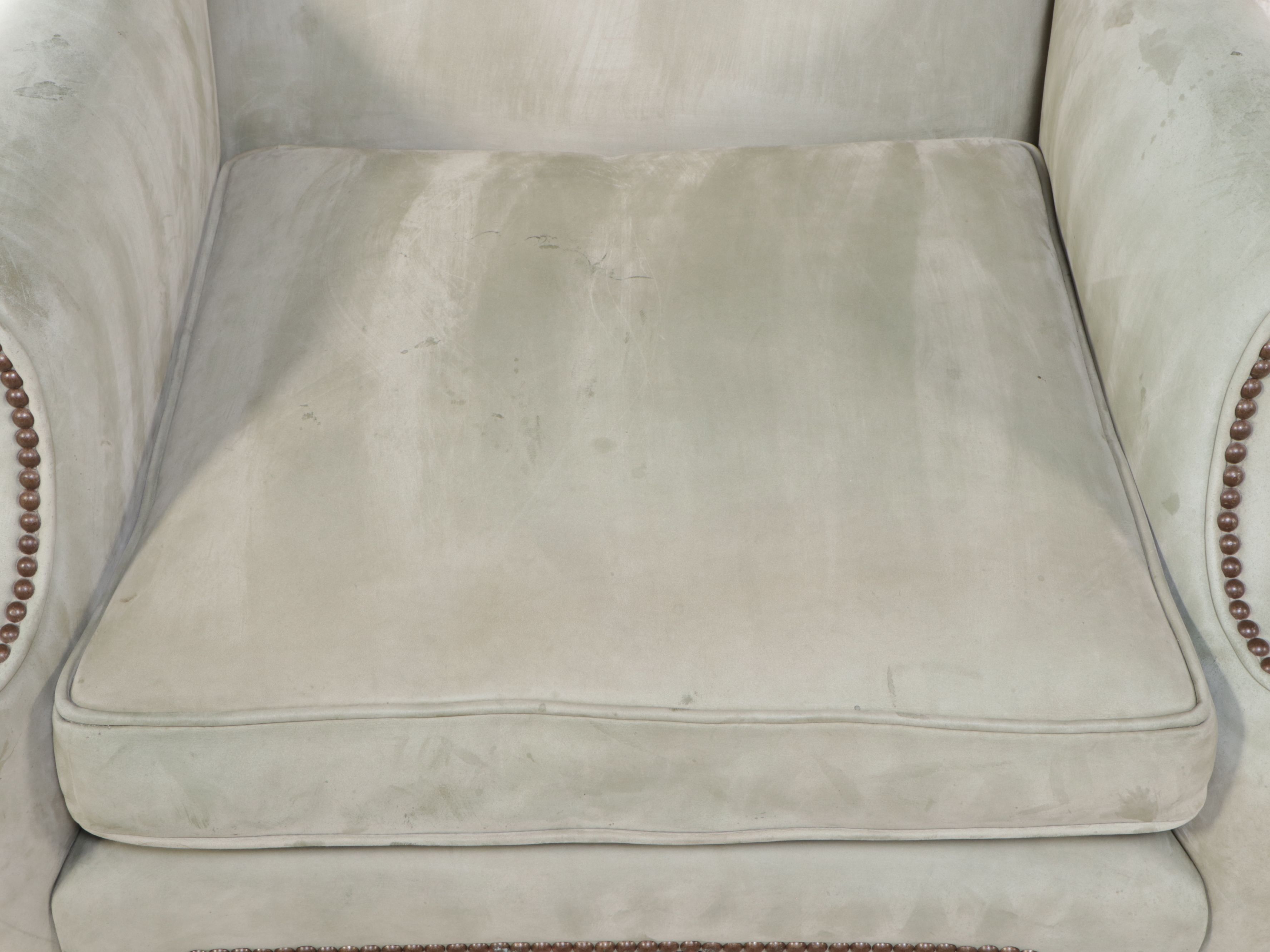 George II Style Suede and Walnut Wingback Armchair