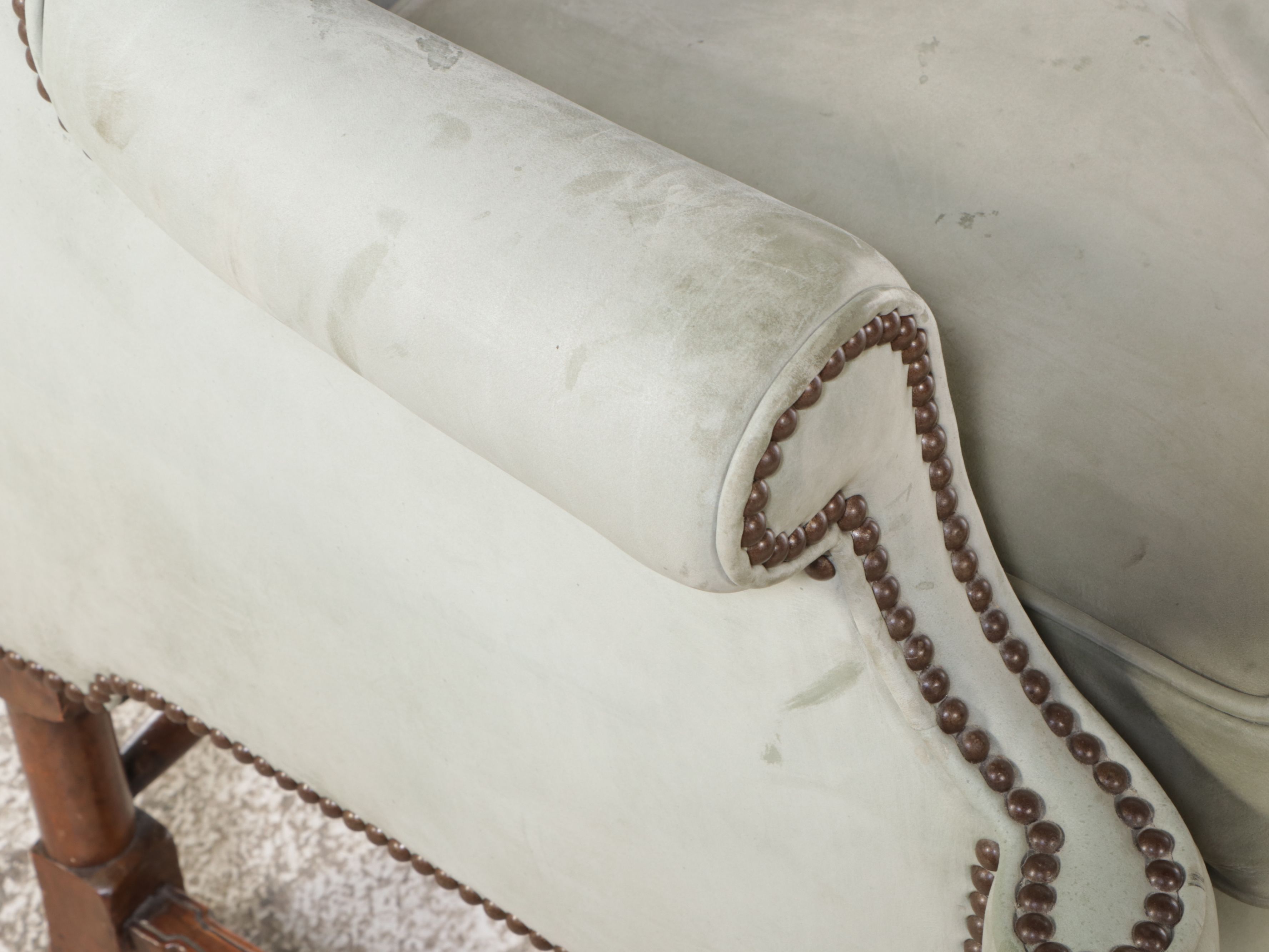 George II Style Suede and Walnut Wingback Armchair