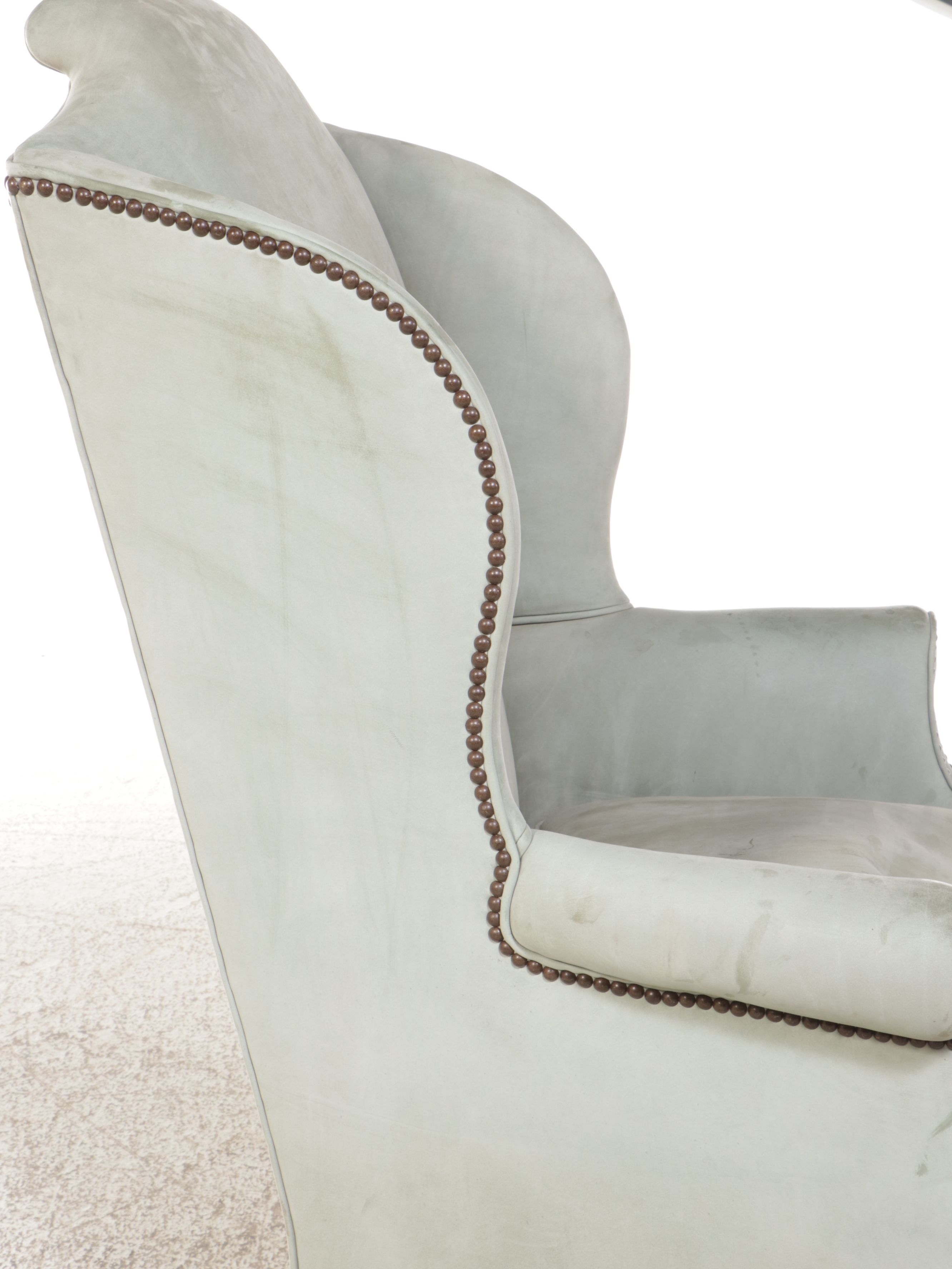 George II Style Suede and Walnut Wingback Armchair