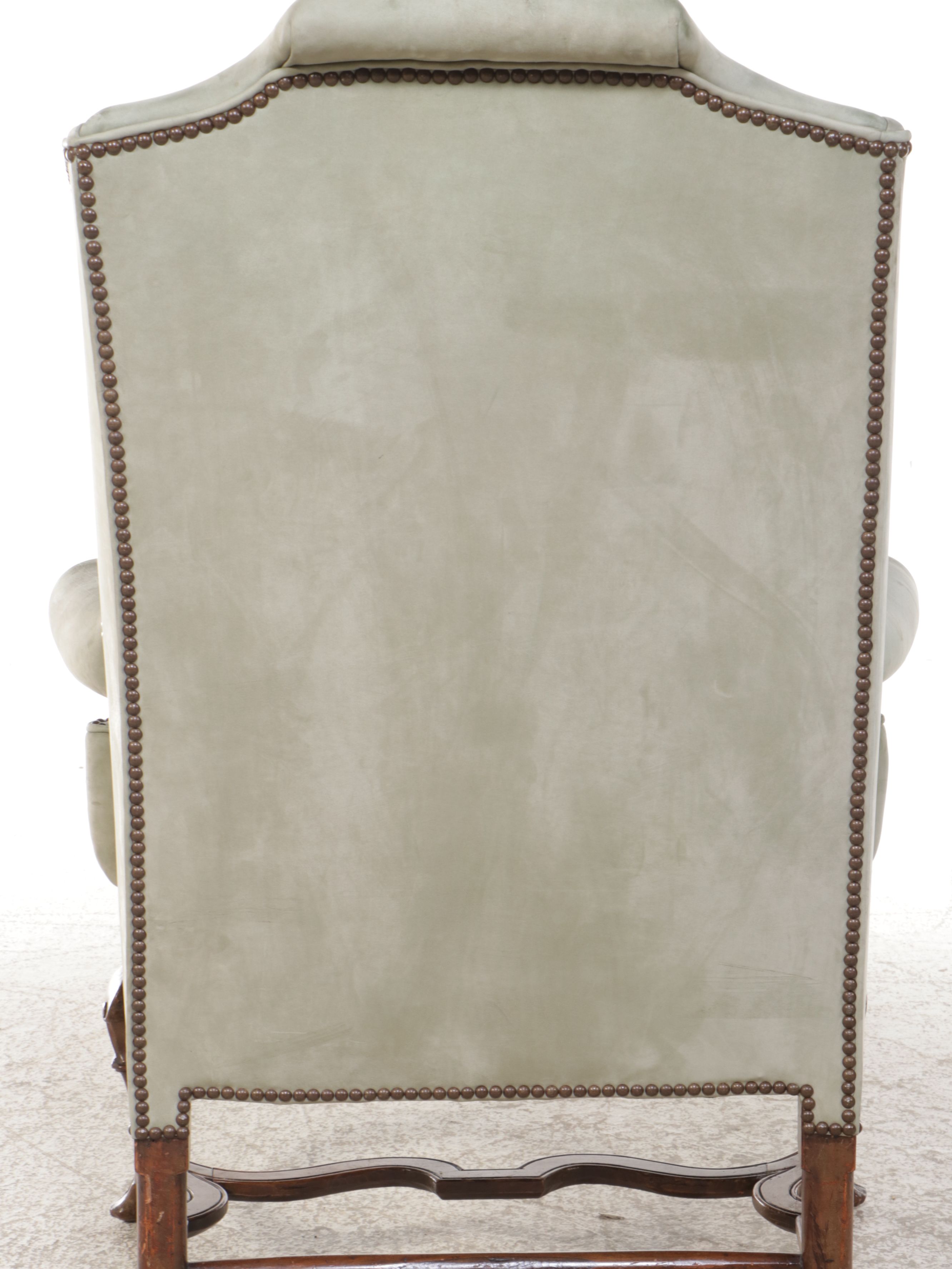 George II Style Suede and Walnut Wingback Armchair