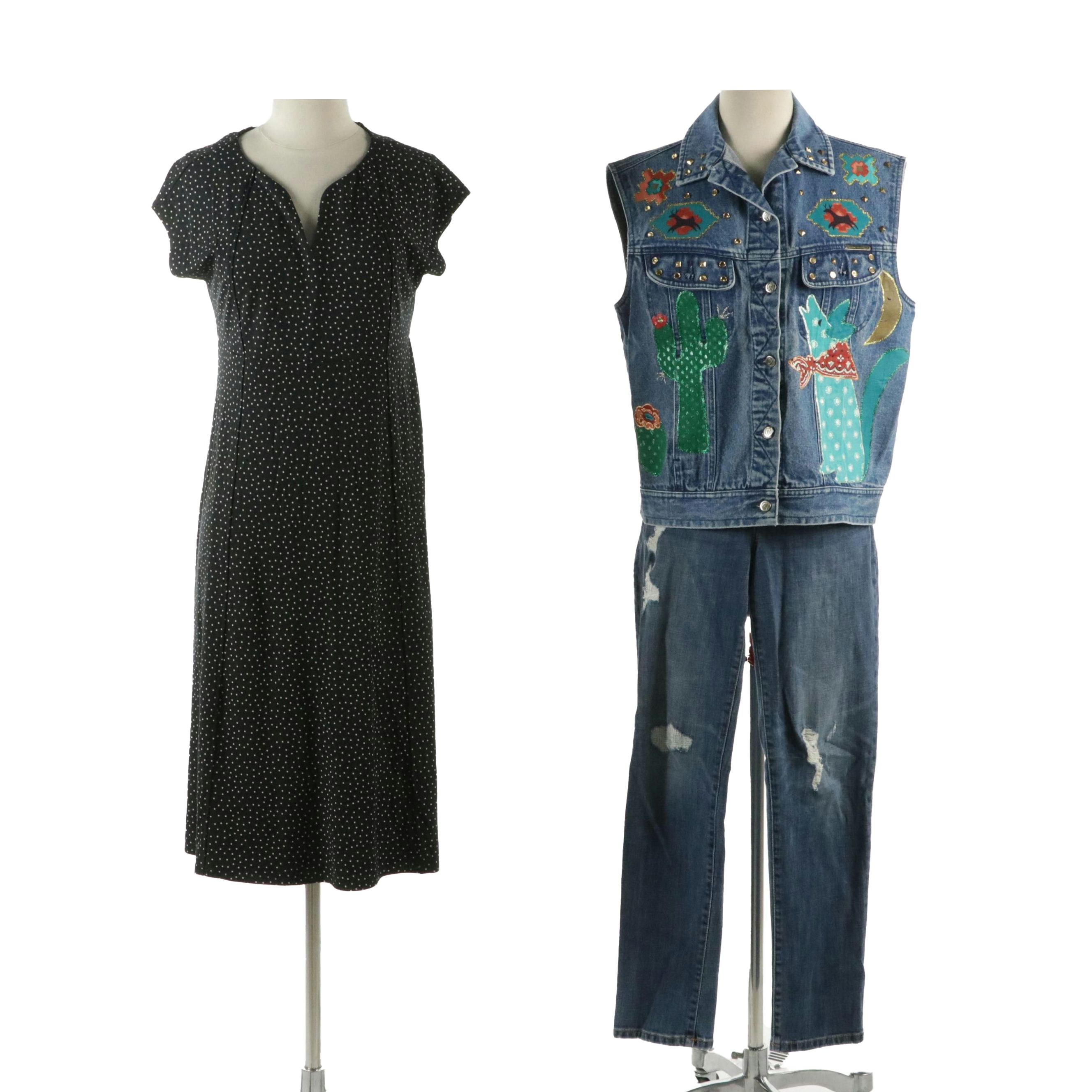 J. Jill Polka Dot Flare Dress, Chico's Distressed Skinny Jeans, Other Denim Vest