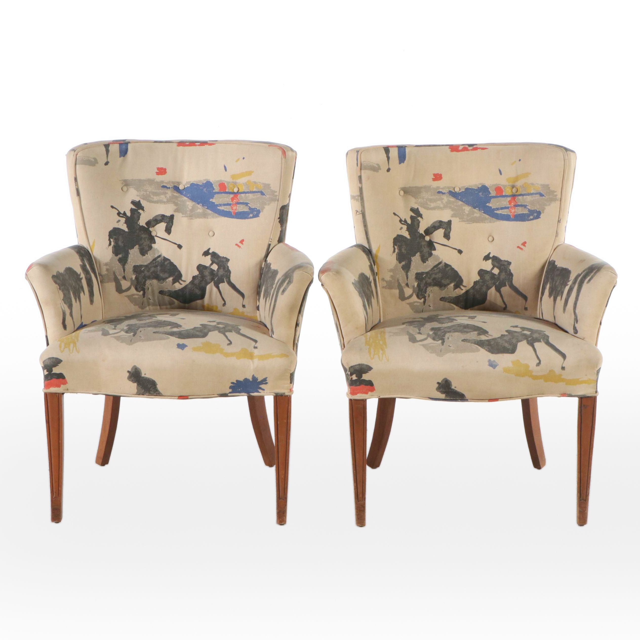 Pair of Pablo Picasso's "Bullfighter" Upholstered Armchairs with Cushions