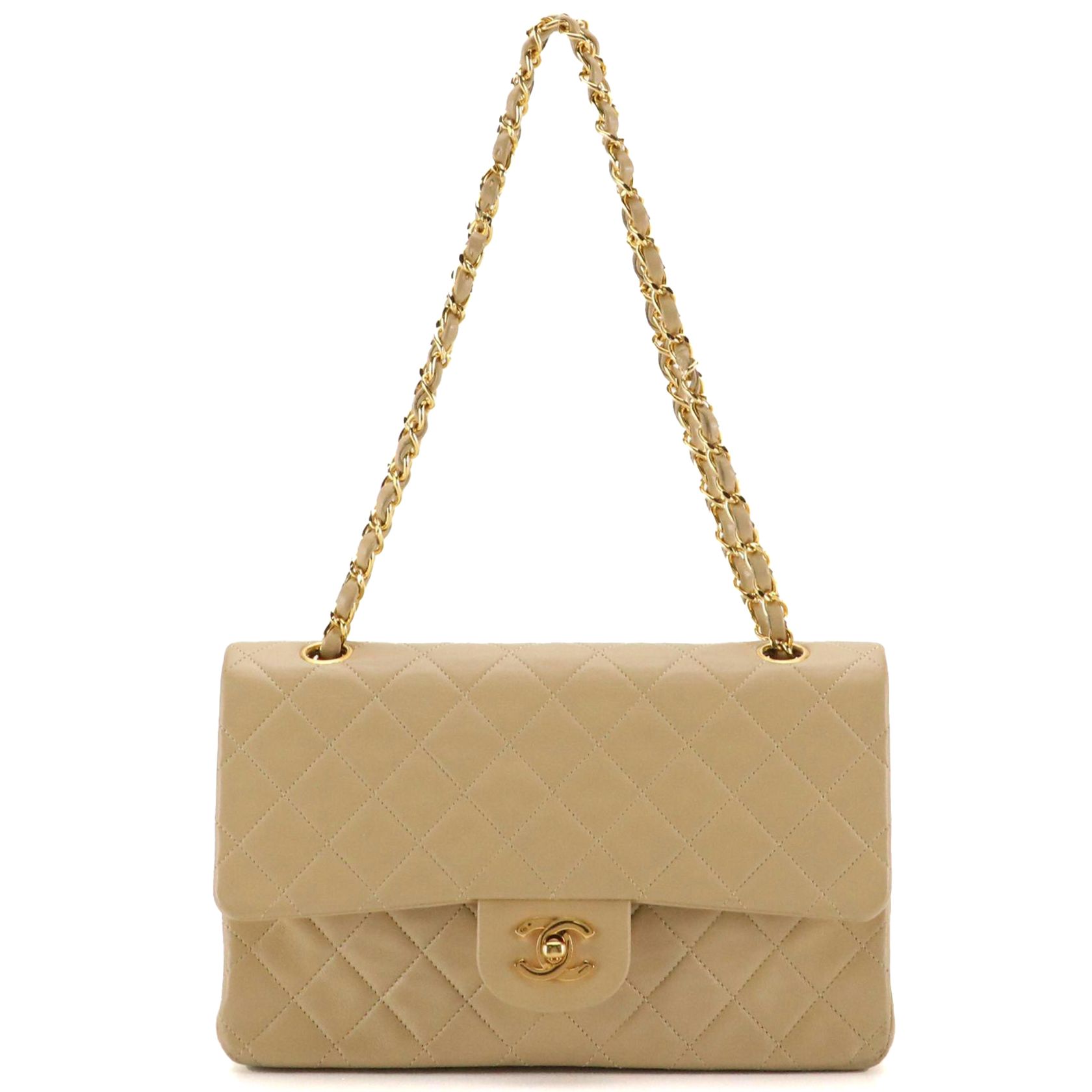 Chanel Classic Double Flap Shoulder Bag in Beige Quilted Calfskin Leather