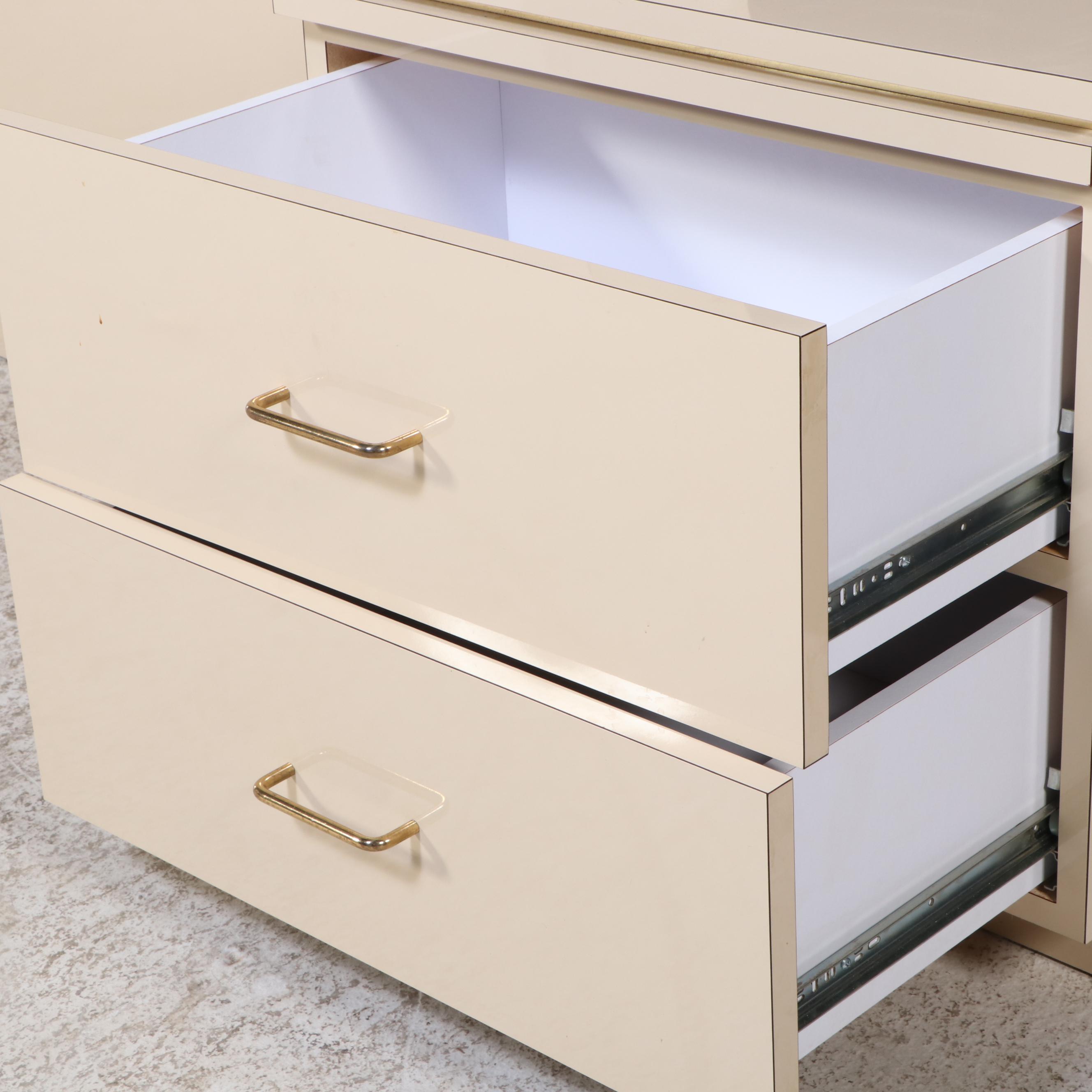 Postmodernist Brass-Trimmed Headboard and Pair of Nightstands, Late 20th Century