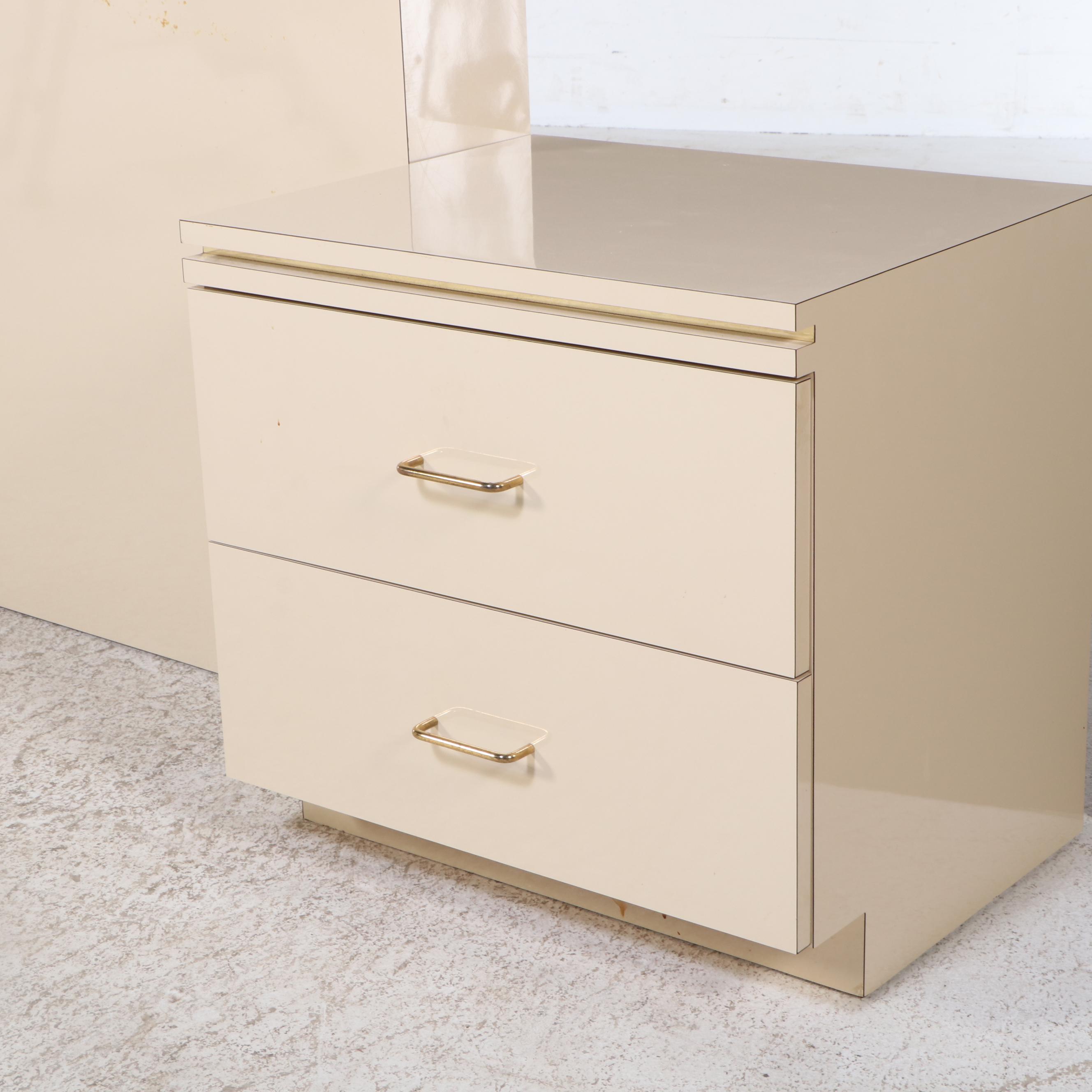 Postmodernist Brass-Trimmed Headboard and Pair of Nightstands, Late 20th Century