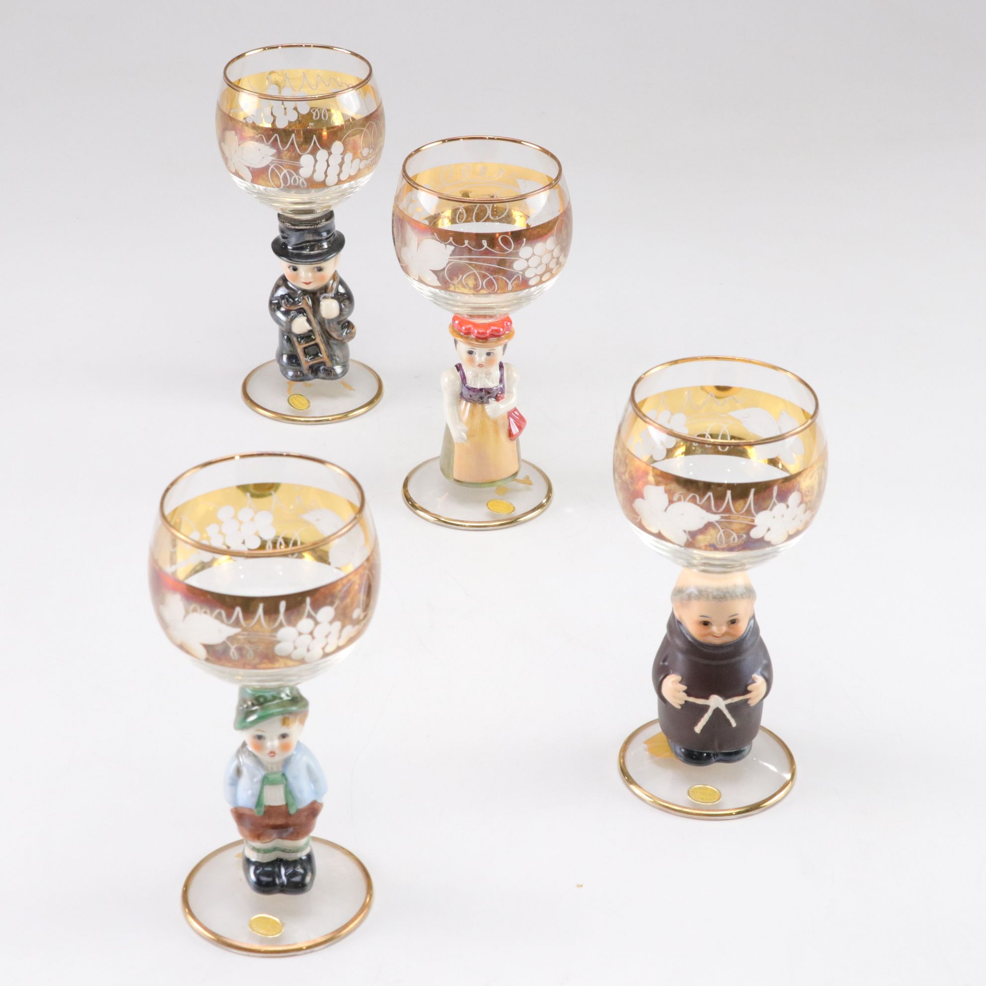 West German Wine Hocks with Ceramic Figural Stems, Late 20th Century