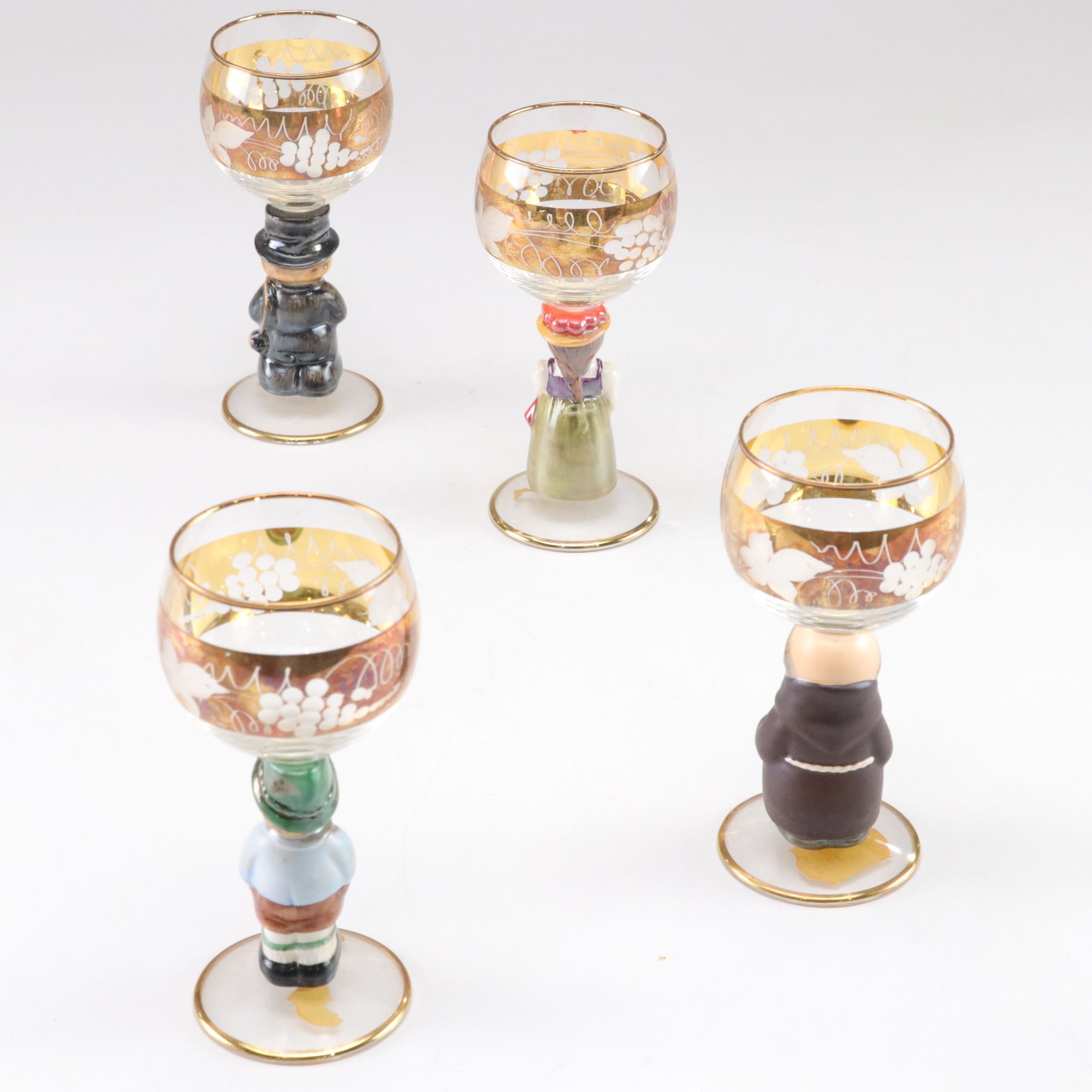 West German Wine Hocks with Ceramic Figural Stems, Late 20th Century