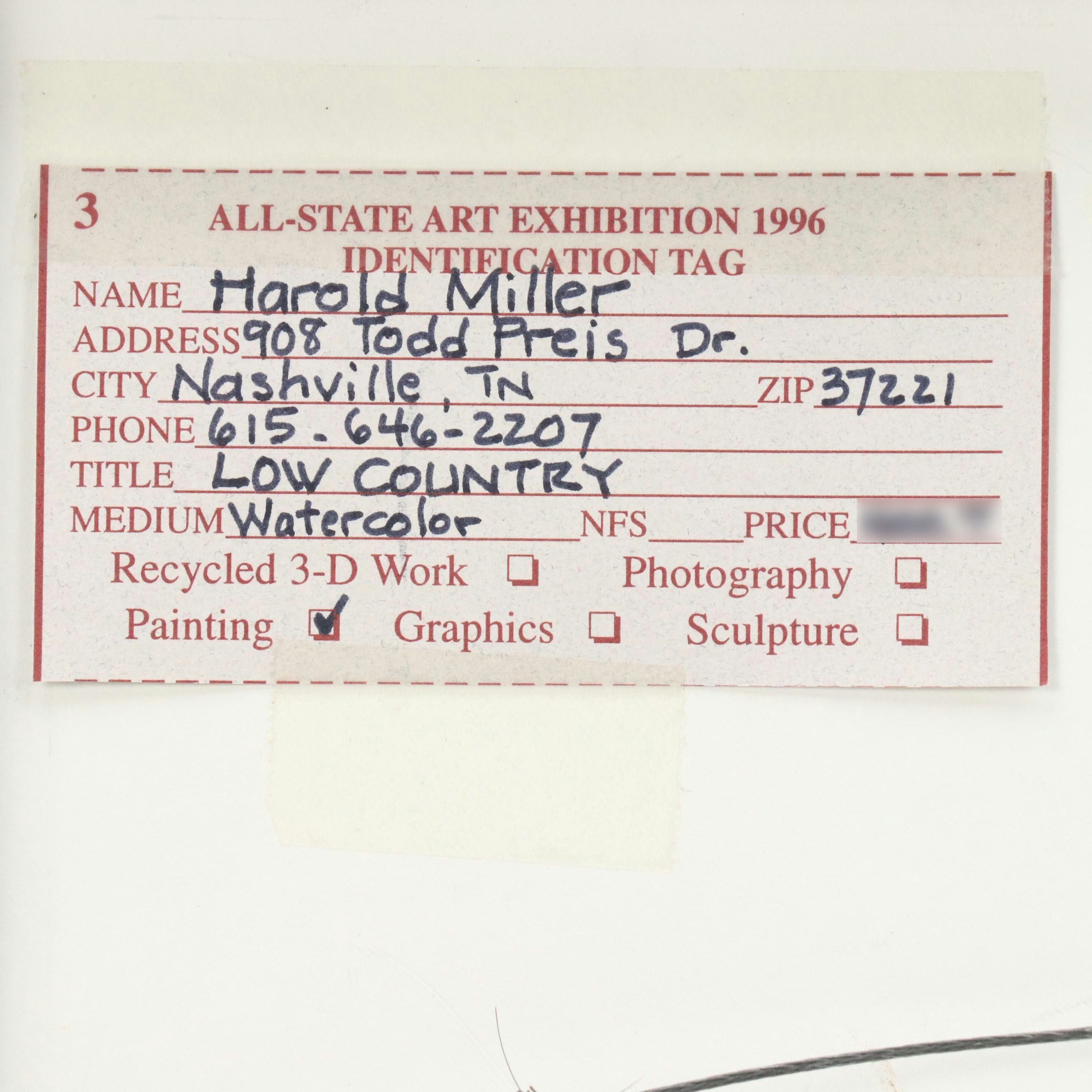 Harold Miller Landscape Watercolor "Low Country"