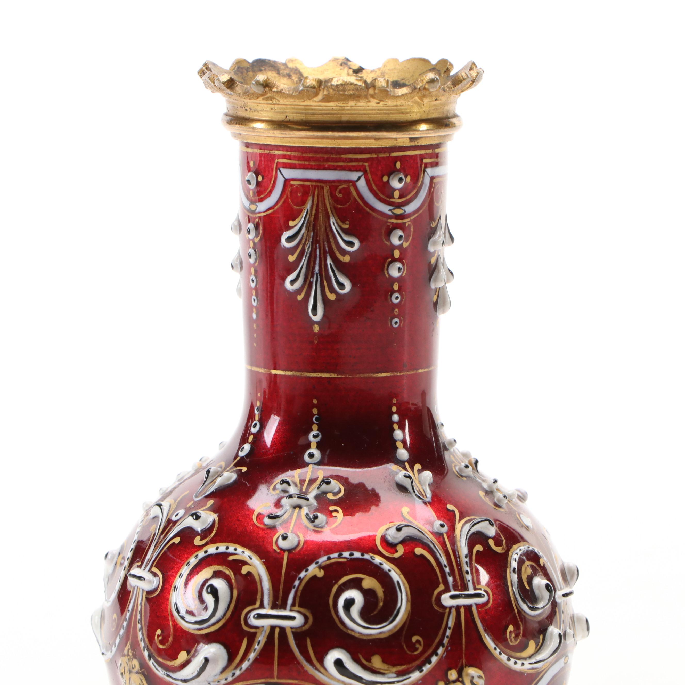 European Renaissance Revival Ormolu Mounted Enameled Vase with Raised Decoration